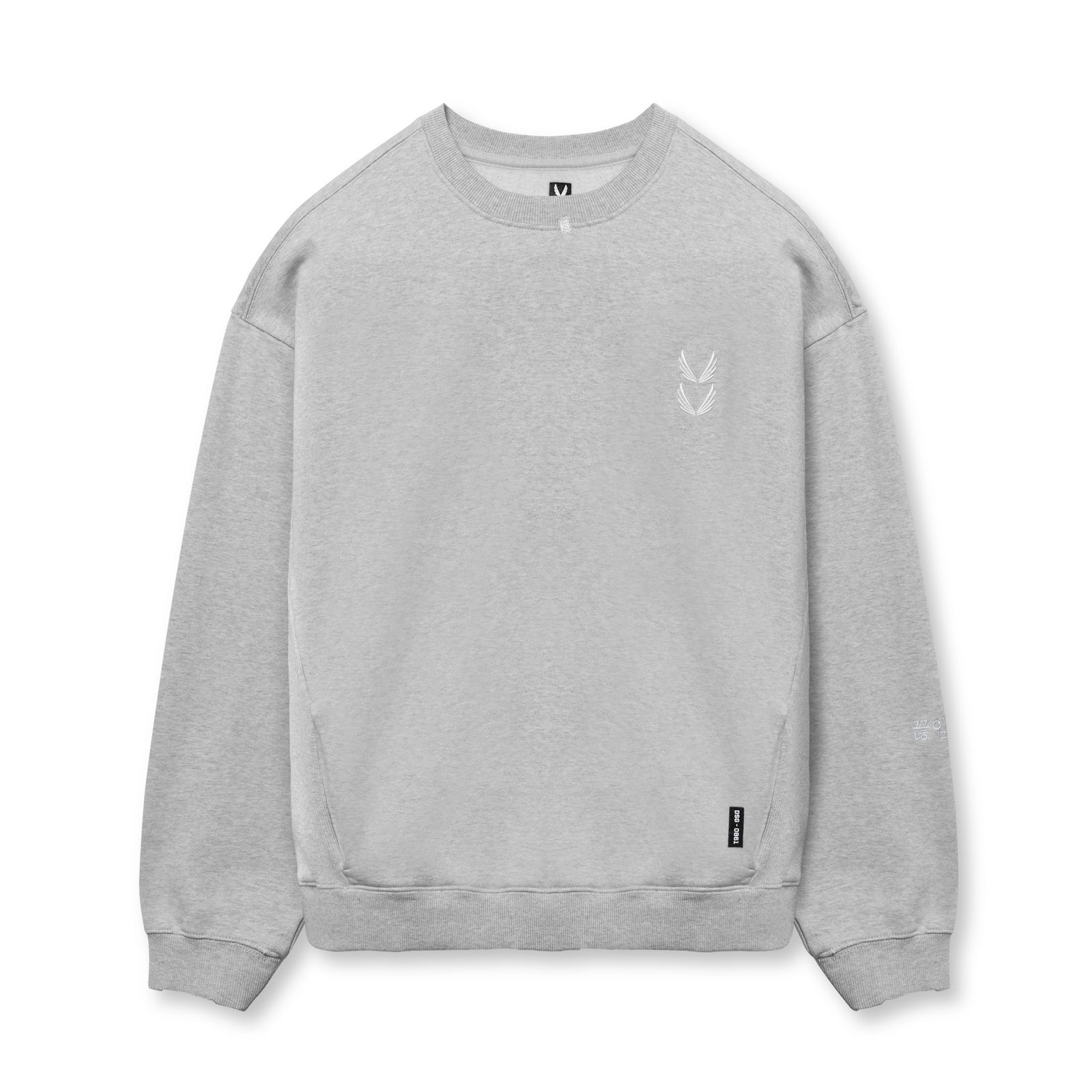 flatlay Tech Essential Distressed Crewneck sweatshirt in heather grey, front view
