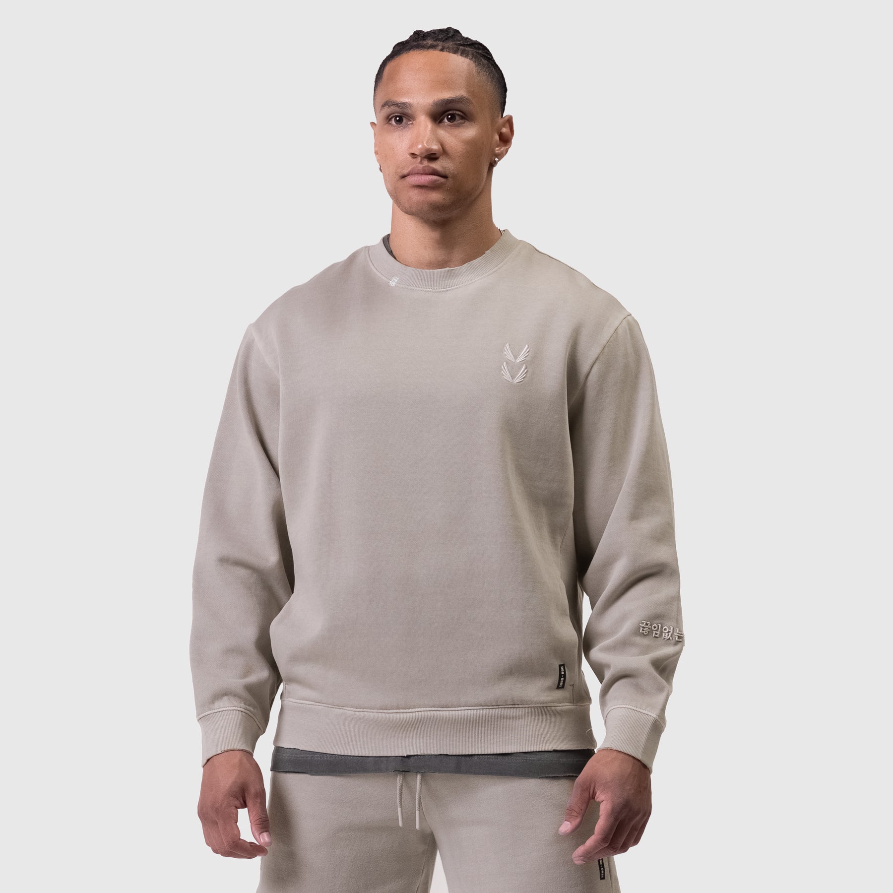 Tech Essential Distressed Crewneck in faded chai worn by model, front view