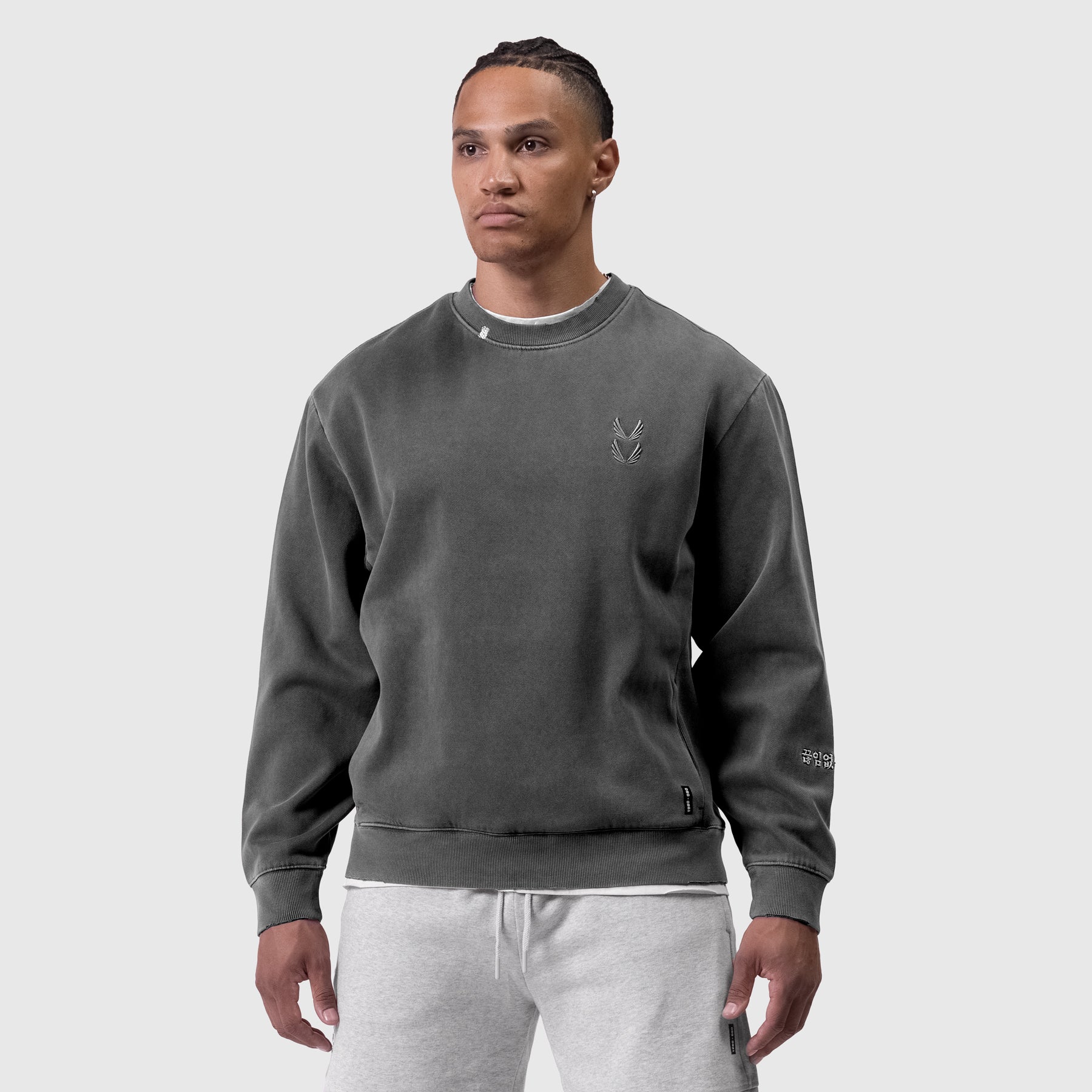 Tech Essential Distressed Crewneck in faded grey, worn by model, front view