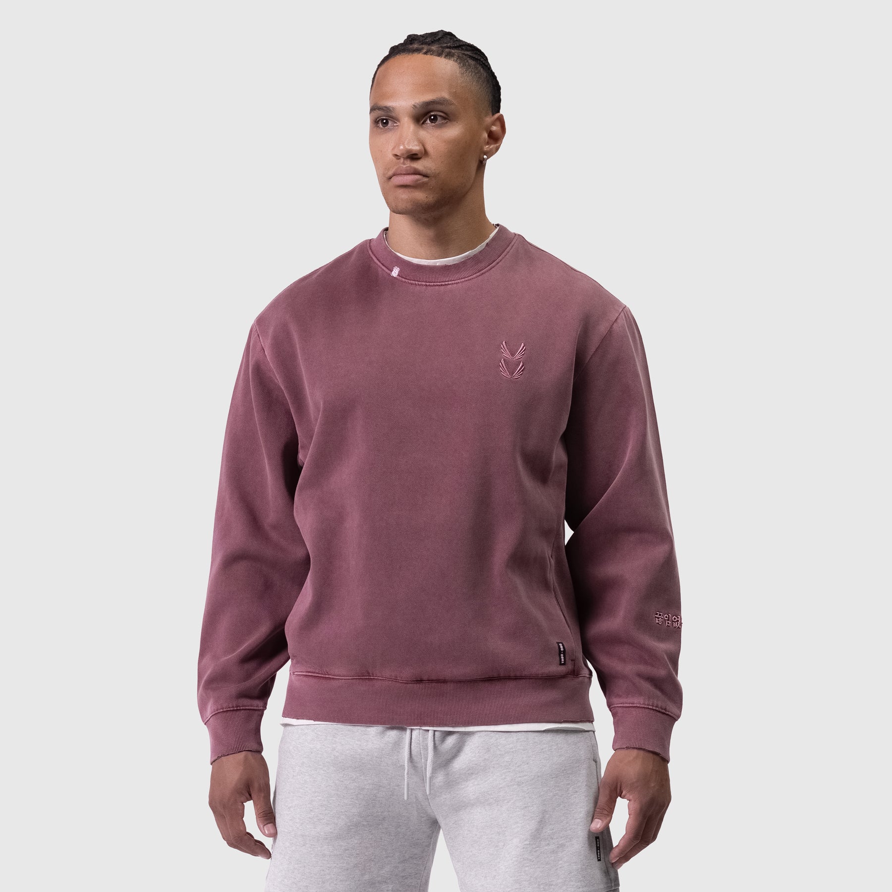 Tech Essential Distressed Crewneck in faded crimson, worn by model with grey sweatpants
