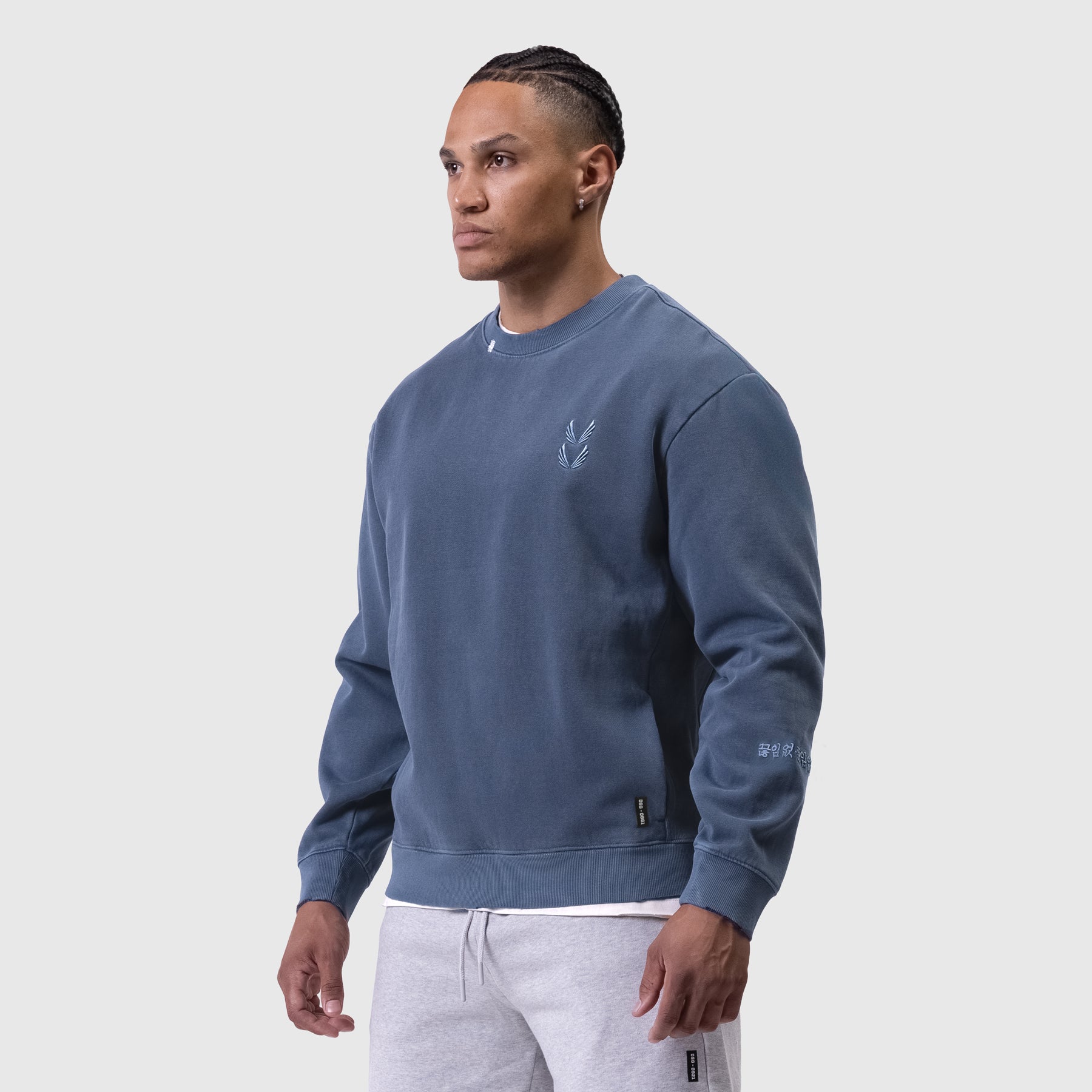 Tech Essential Distressed Crewneck in faded navy, worn by model in side profile