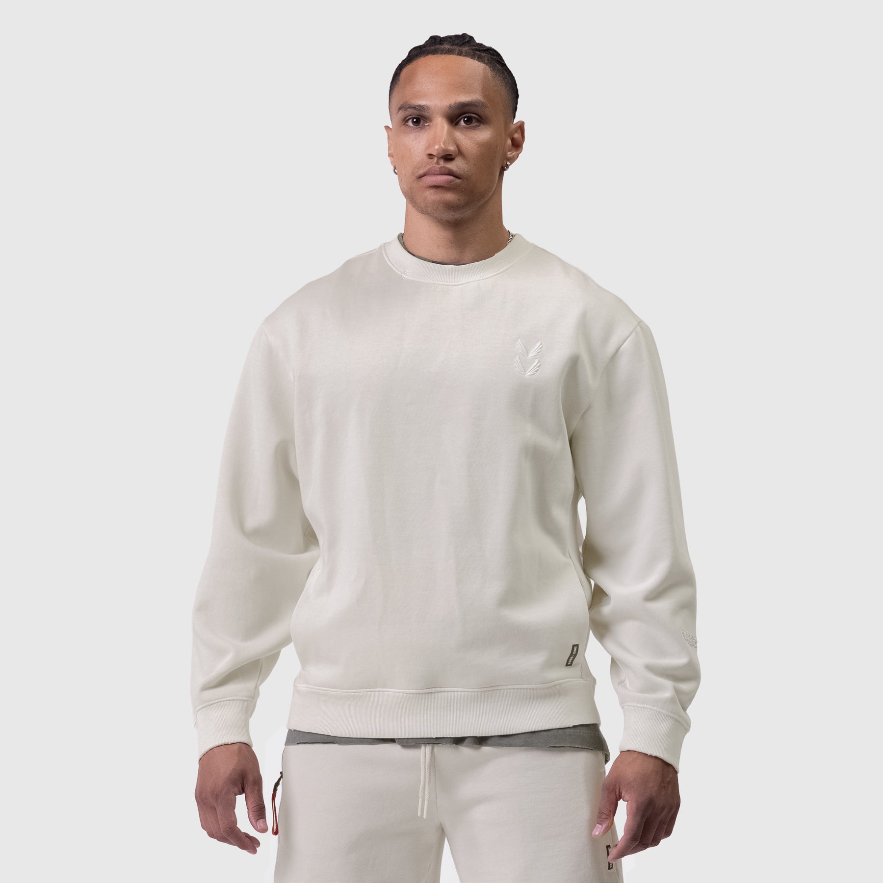 Tech Essential Distressed Crewneck in Faded Stone, worn by model, front view