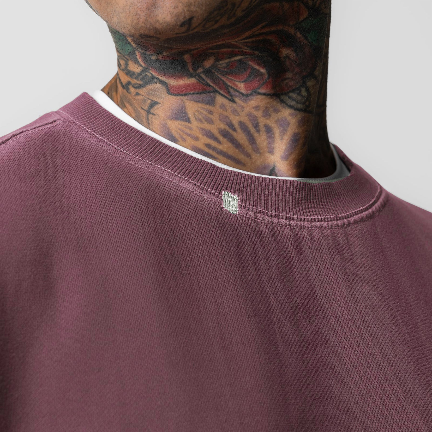 Tech Essential Distressed Crewneck in Faded Crimson worn by model, close-up of neckline