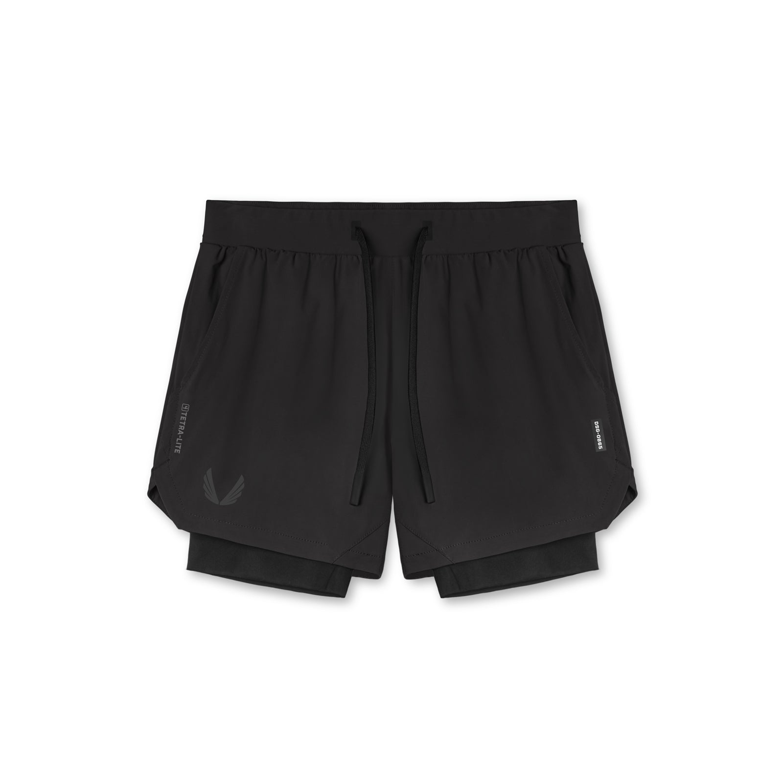 Flatlay of Tetra-Lite 5" Liner Short in black with wings logo, front view