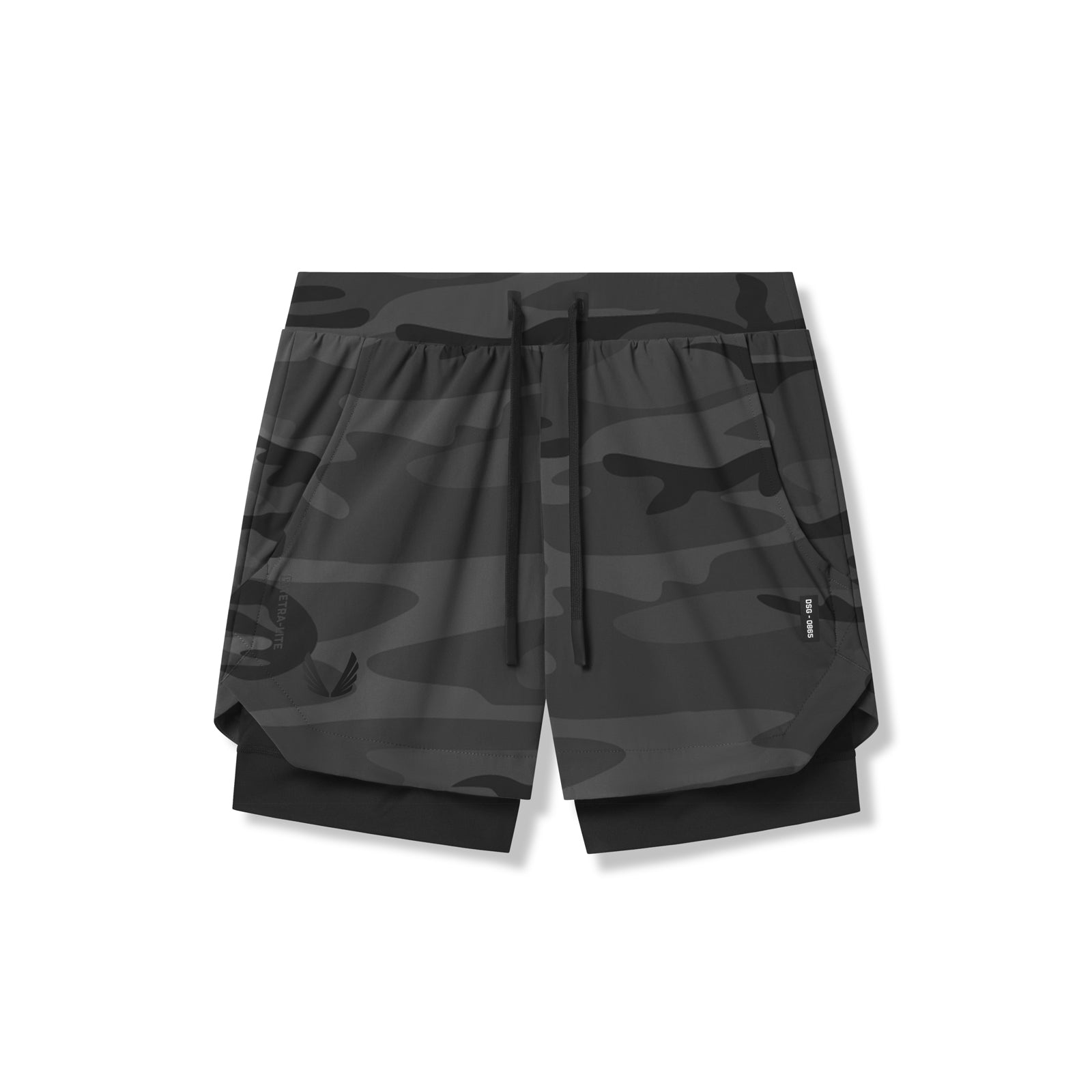 Flatlay of Tetra-Lite® 5" Liner Short in black camo wings pattern with black lining, top view