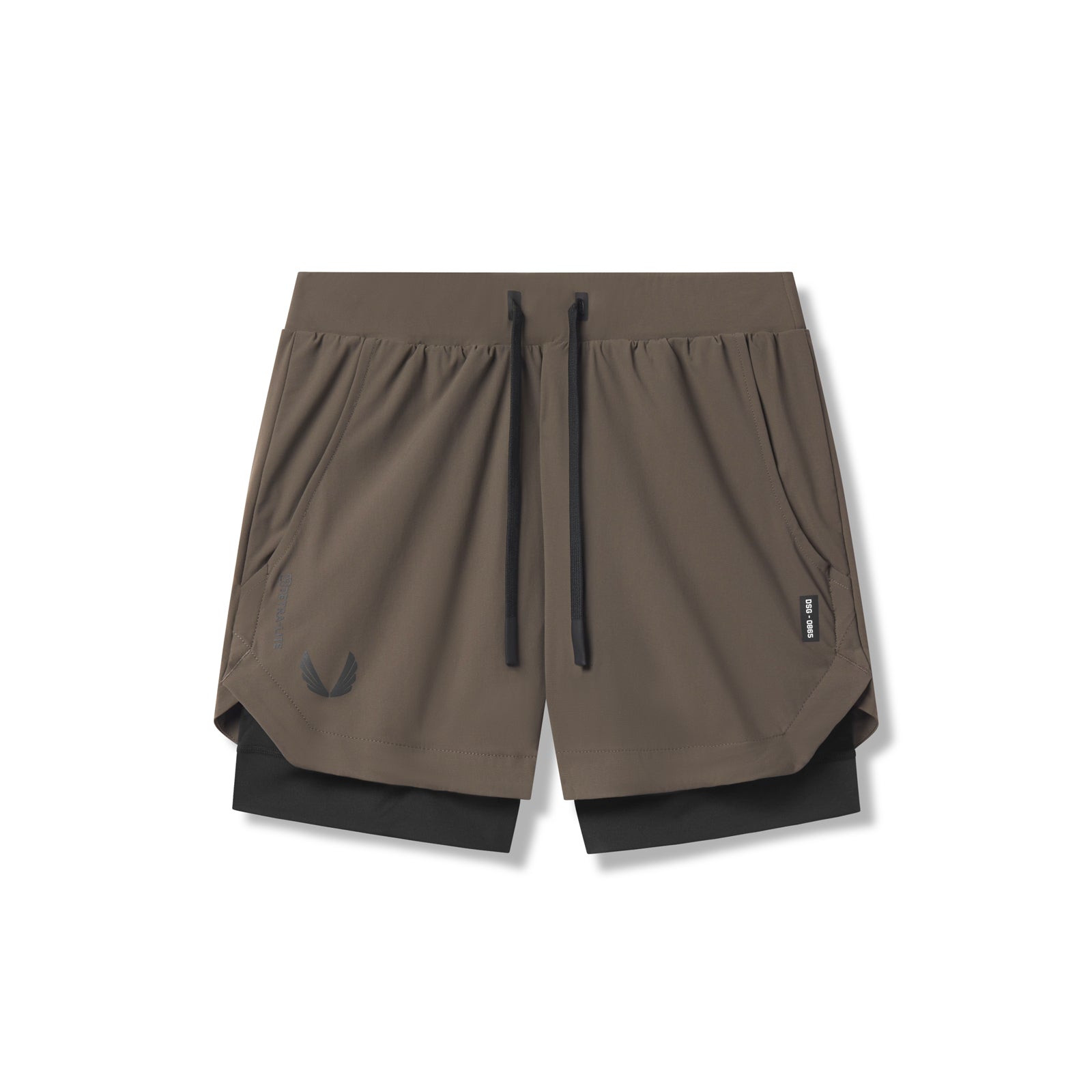 flatlay Tetra-Lite Liner Short in Deep Taupe and Black, front view