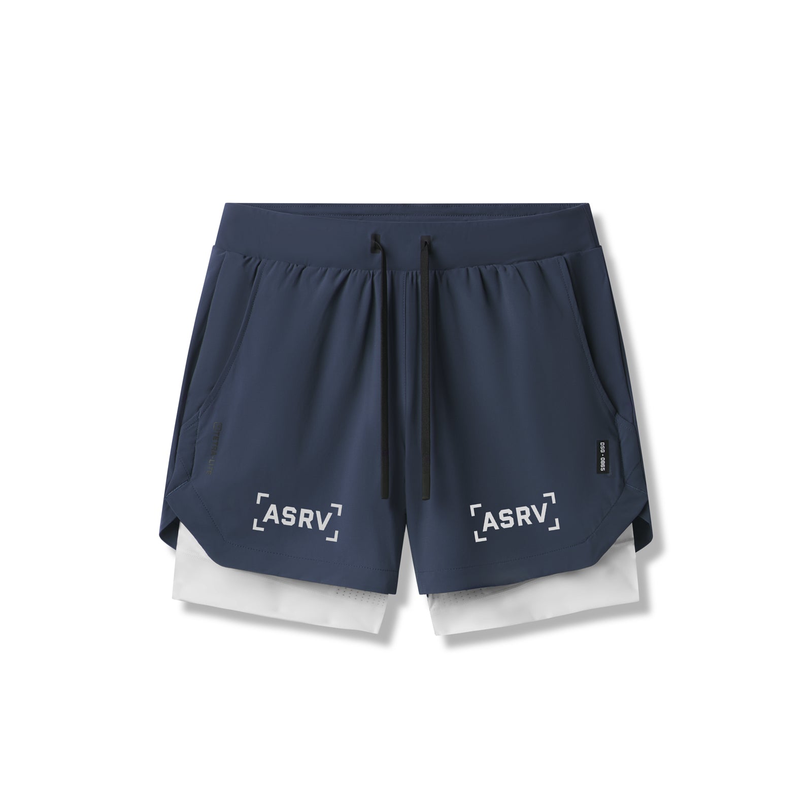 flatlay Tetra-Lite 5" Liner Short in navy and white, front view