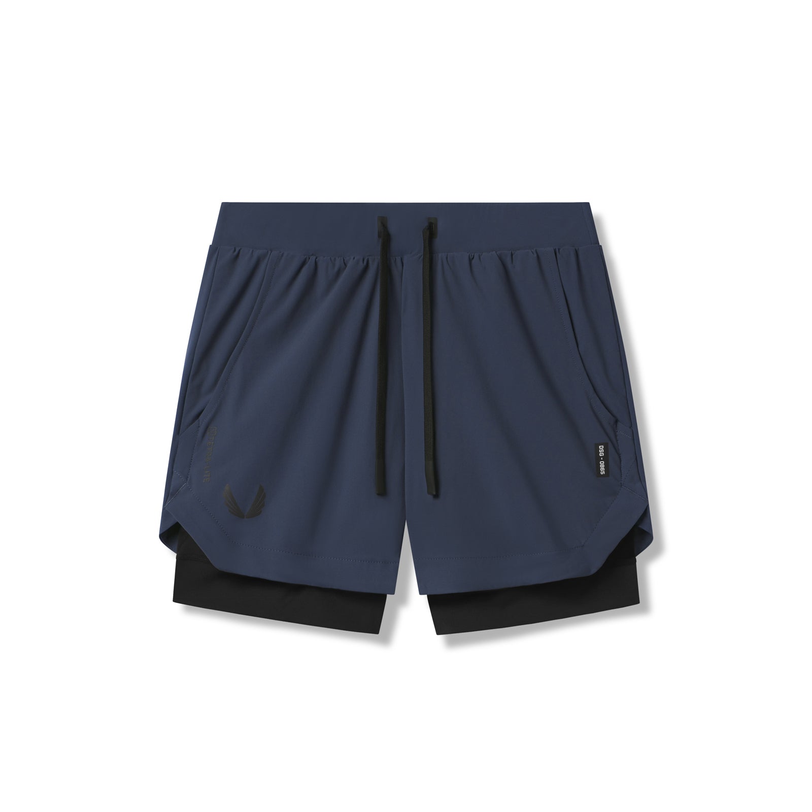 flatlay Tetra-Lite 5" Liner Shorts in navy and black, front view