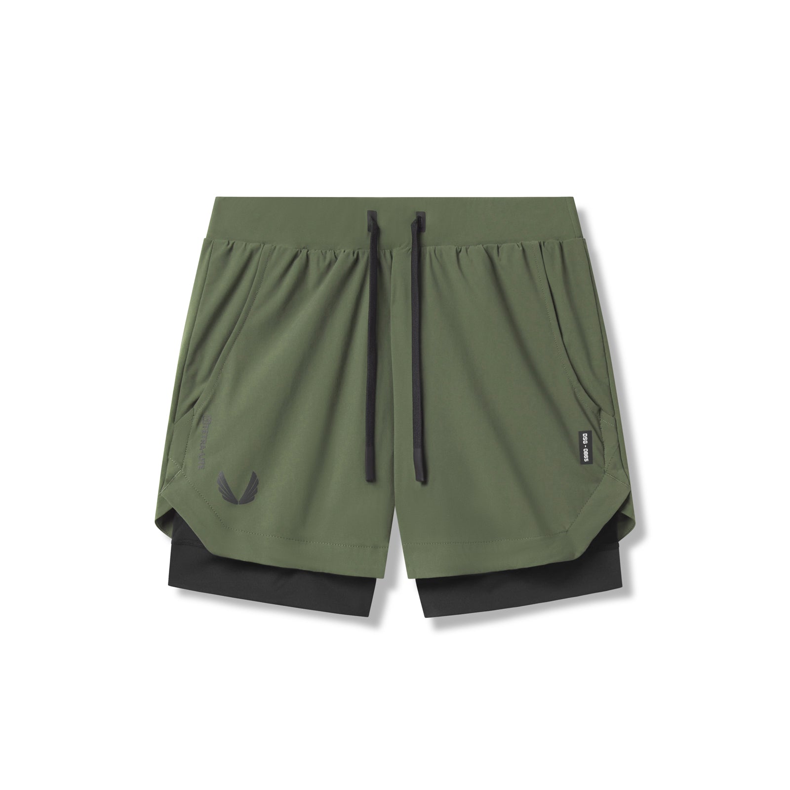 Flatlay of Tetra-Lite 5" Liner Shorts in olive and black, overhead view