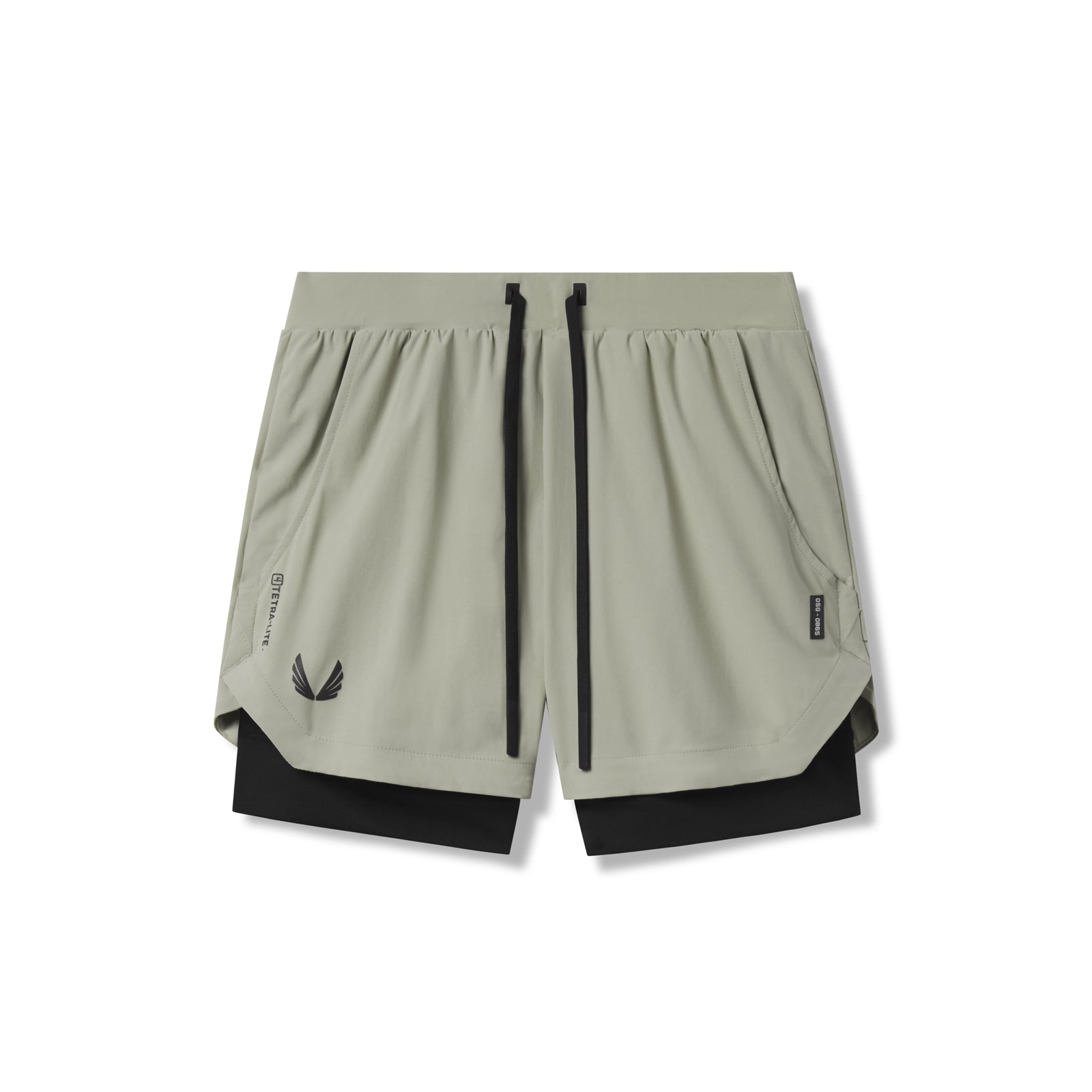 Flatlay of Tetra-Lite 5" Liner Shorts in Sage and Black, front view