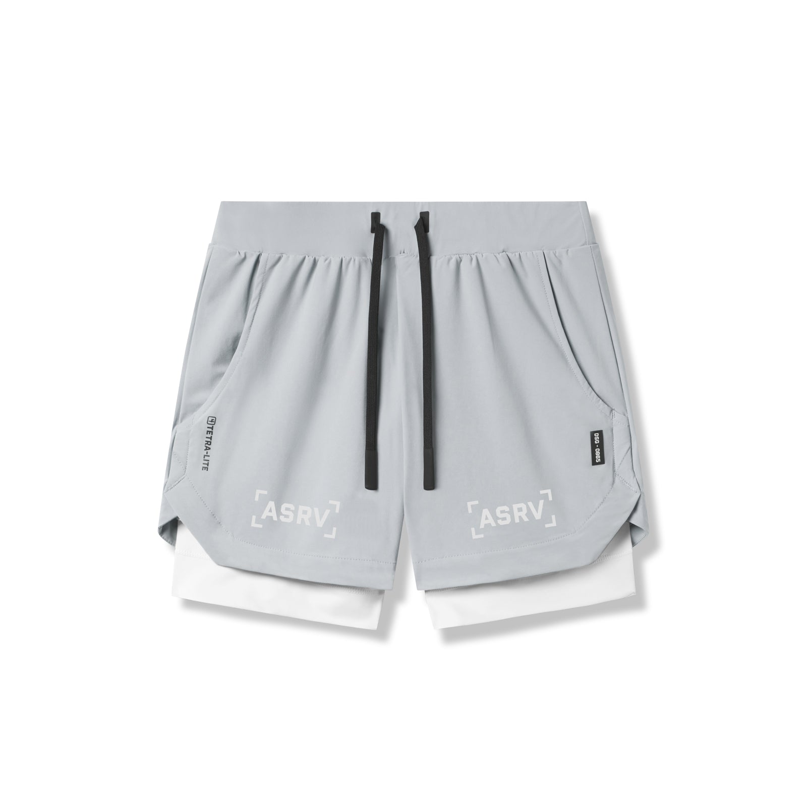 flatlay Tetra-Lite 5" Liner Shorts in slate grey and white, front view