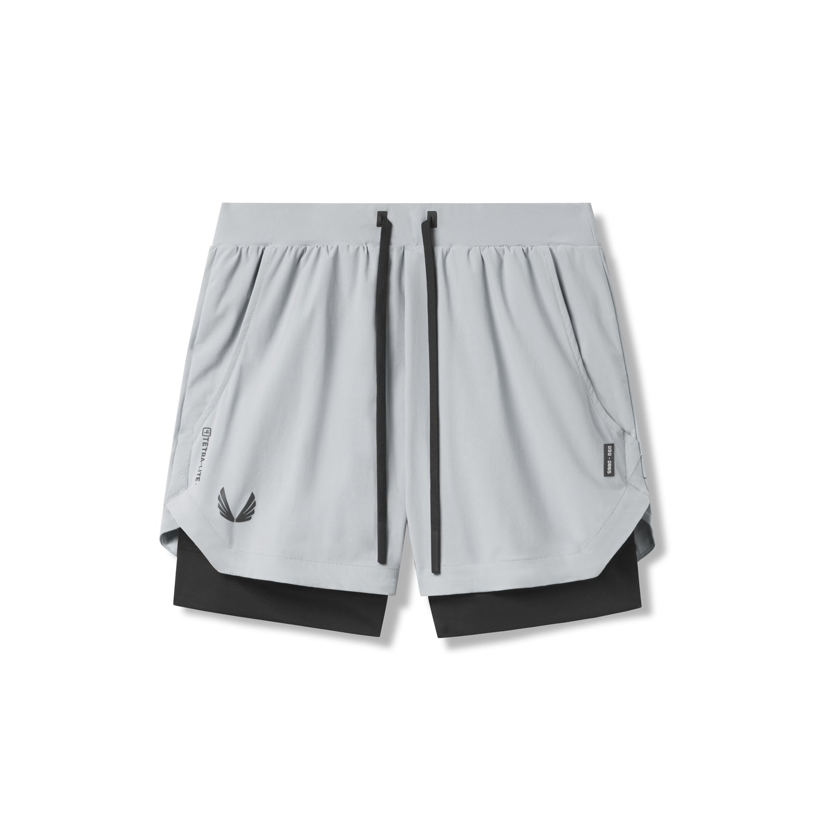 flatlay Tetra-Lite 5" Liner Shorts in Slate Grey and Black, front view