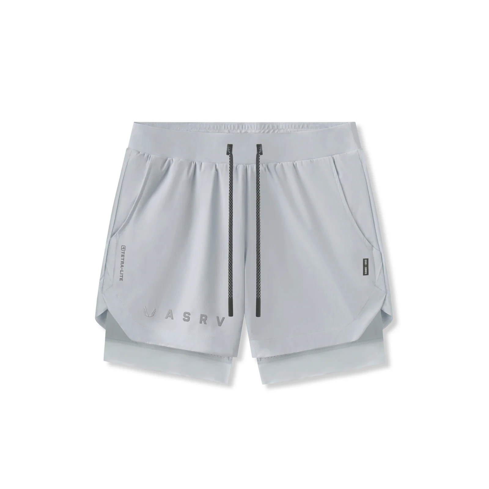 flatlay Tetra-Lite 5" Liner Short in slate grey with reflective details, front view