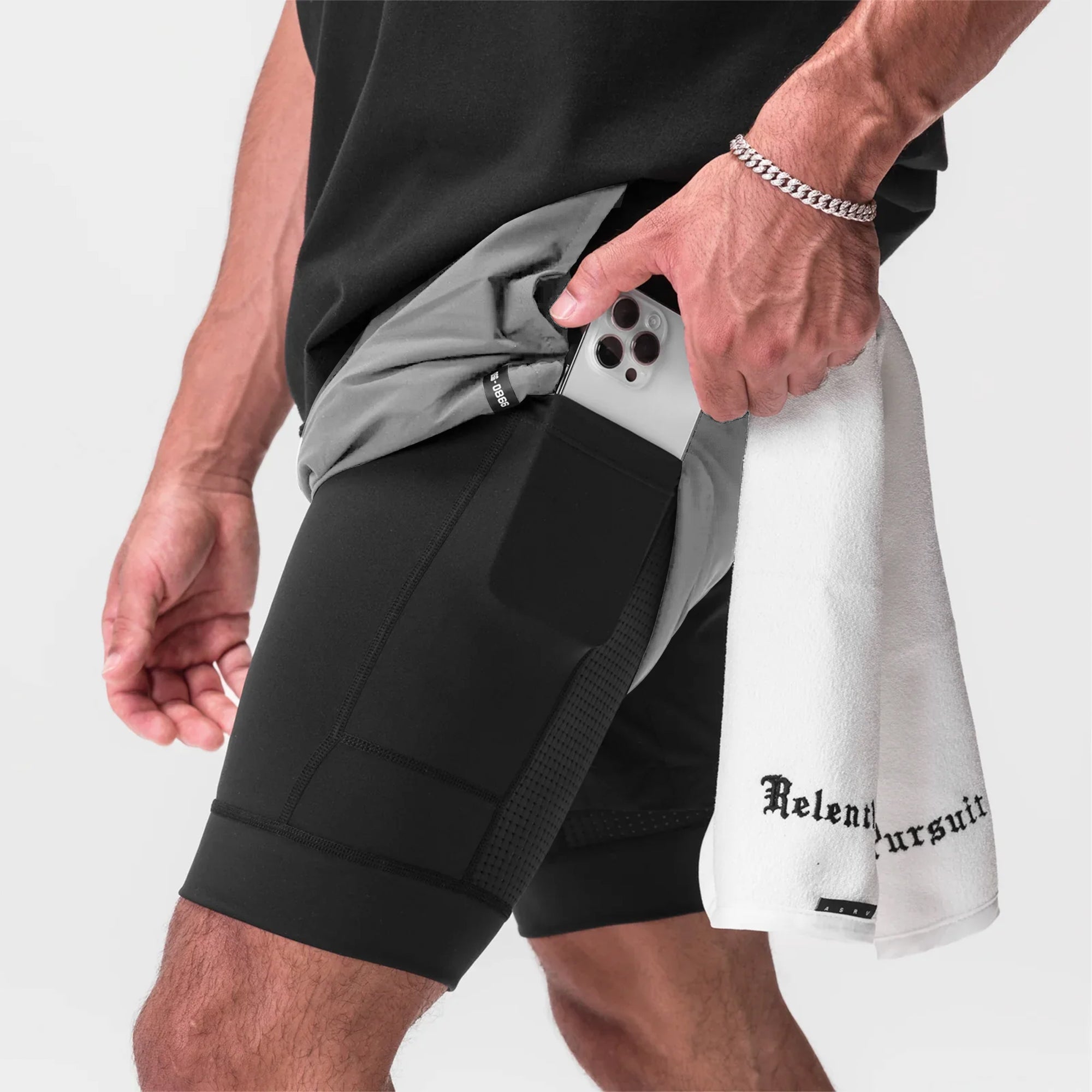 Tetra-Lite 7" Liner Short in Slate Grey and Black, model wearing shorts with phone in pocket