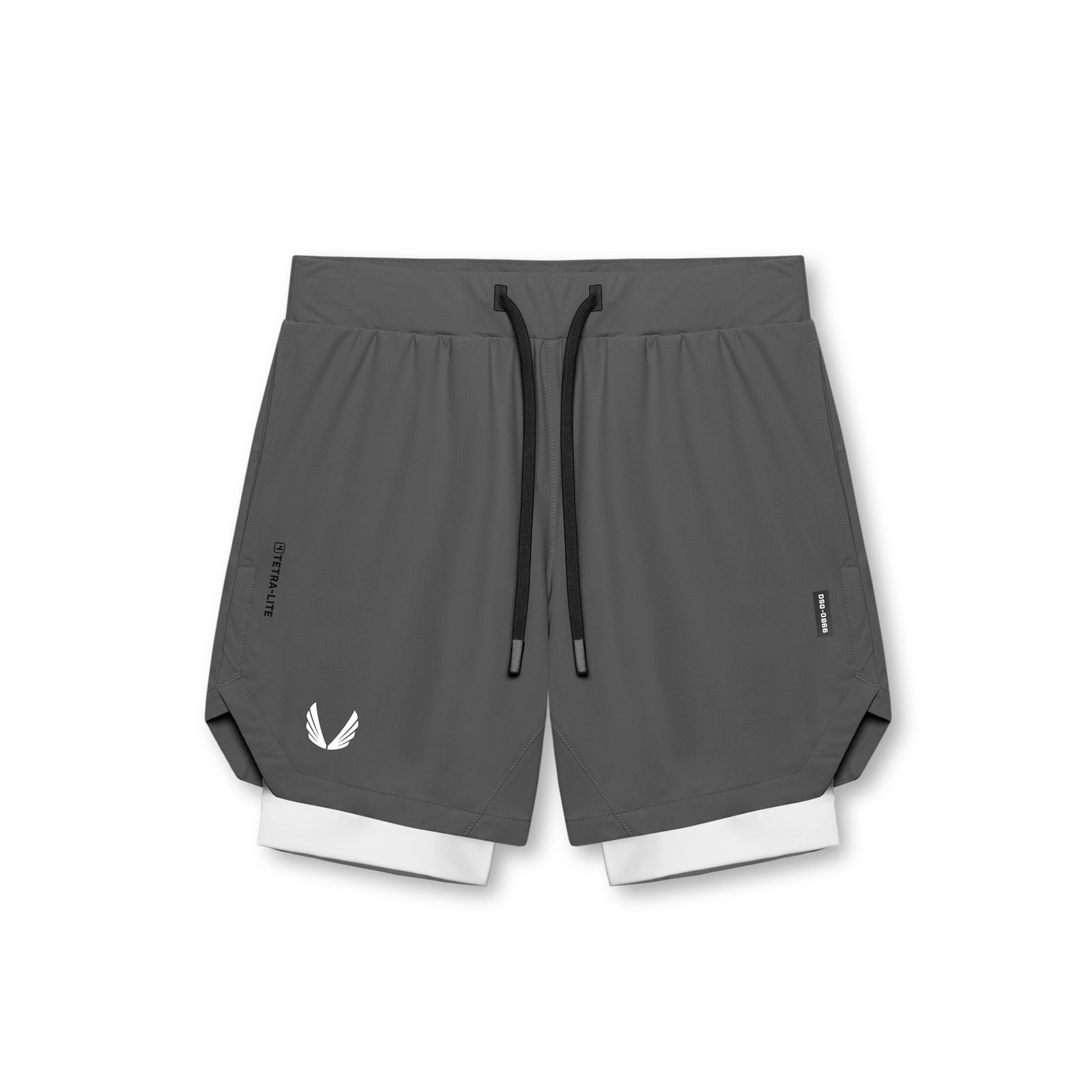 Flatlay of Tetra-Lite 7" Liner Short in space grey with white liner, front view
