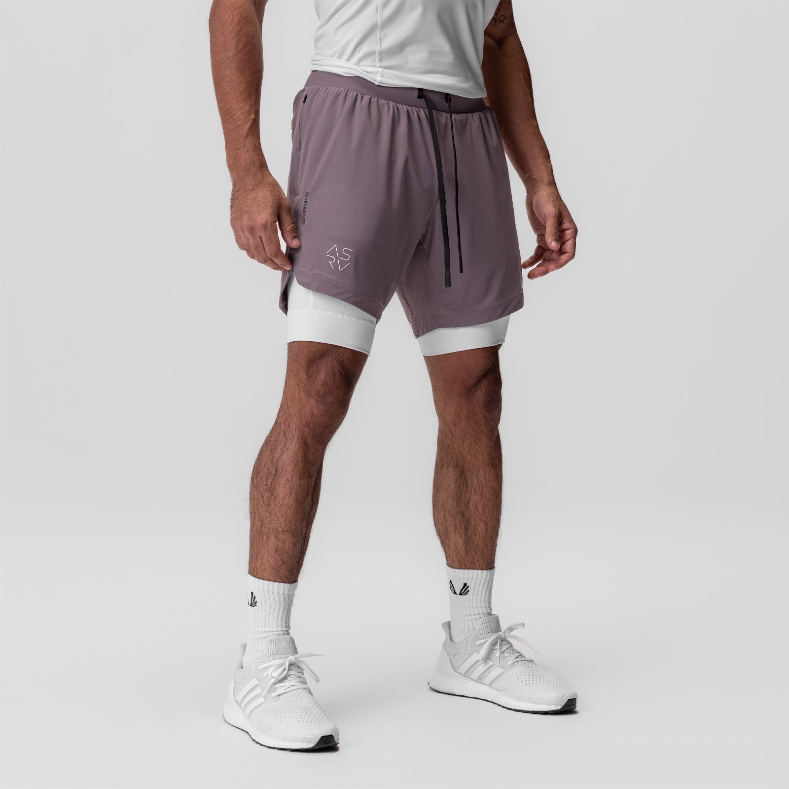 Tetra-Lite 7" Liner Short in Moonscape and White, worn by model standing, front view