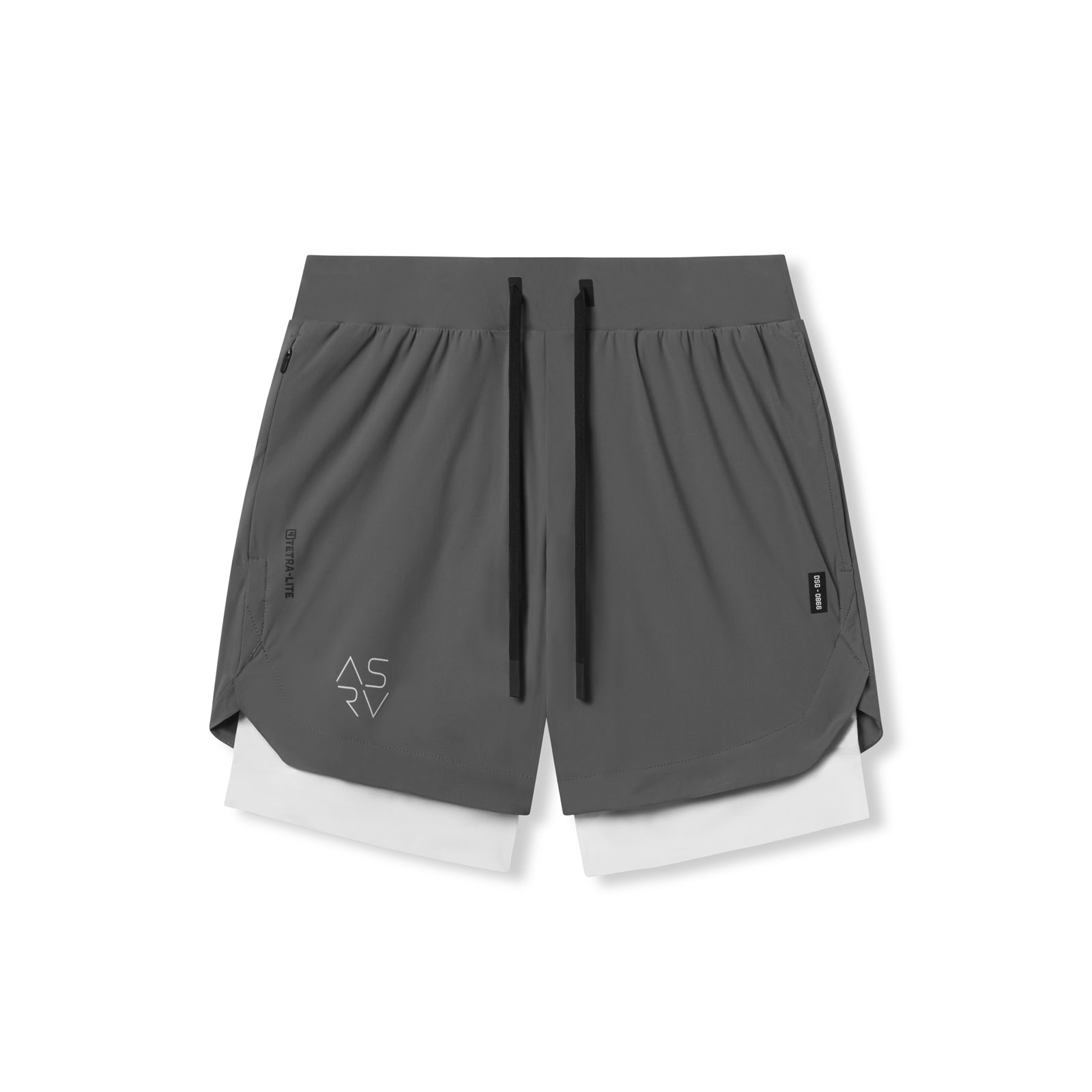flatlay Tetra-Lite 7" Liner Shorts in space grey and white, front view