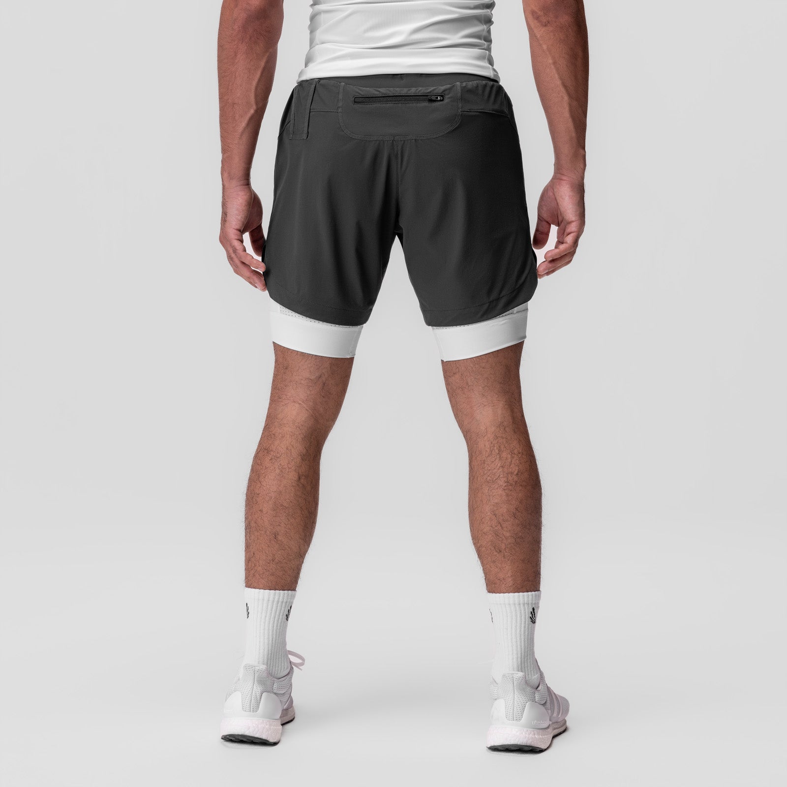 Tetra-Lite 7" Liner Short in Space Grey and White, back view on model