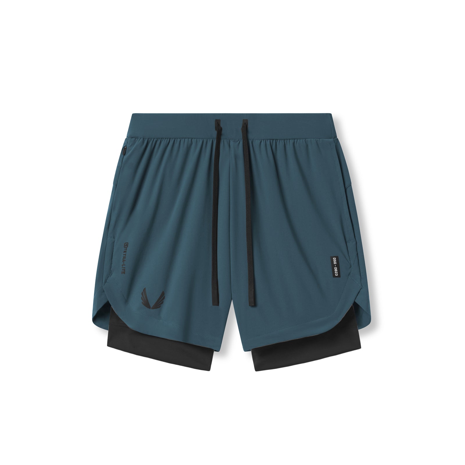 Flatlay of Tetra-Lite 7" Liner Shorts in Storm blue and black, front view
