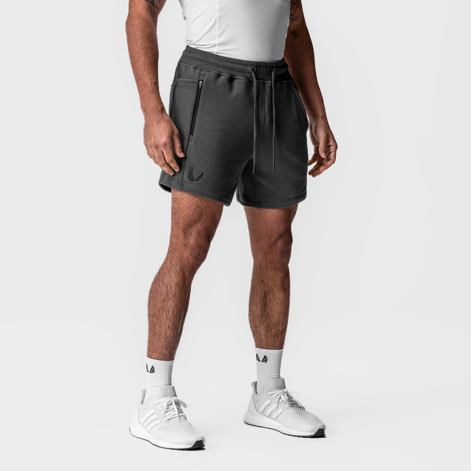 Tech-Terry Sidelock Sweat Short in space grey, worn by model, front view