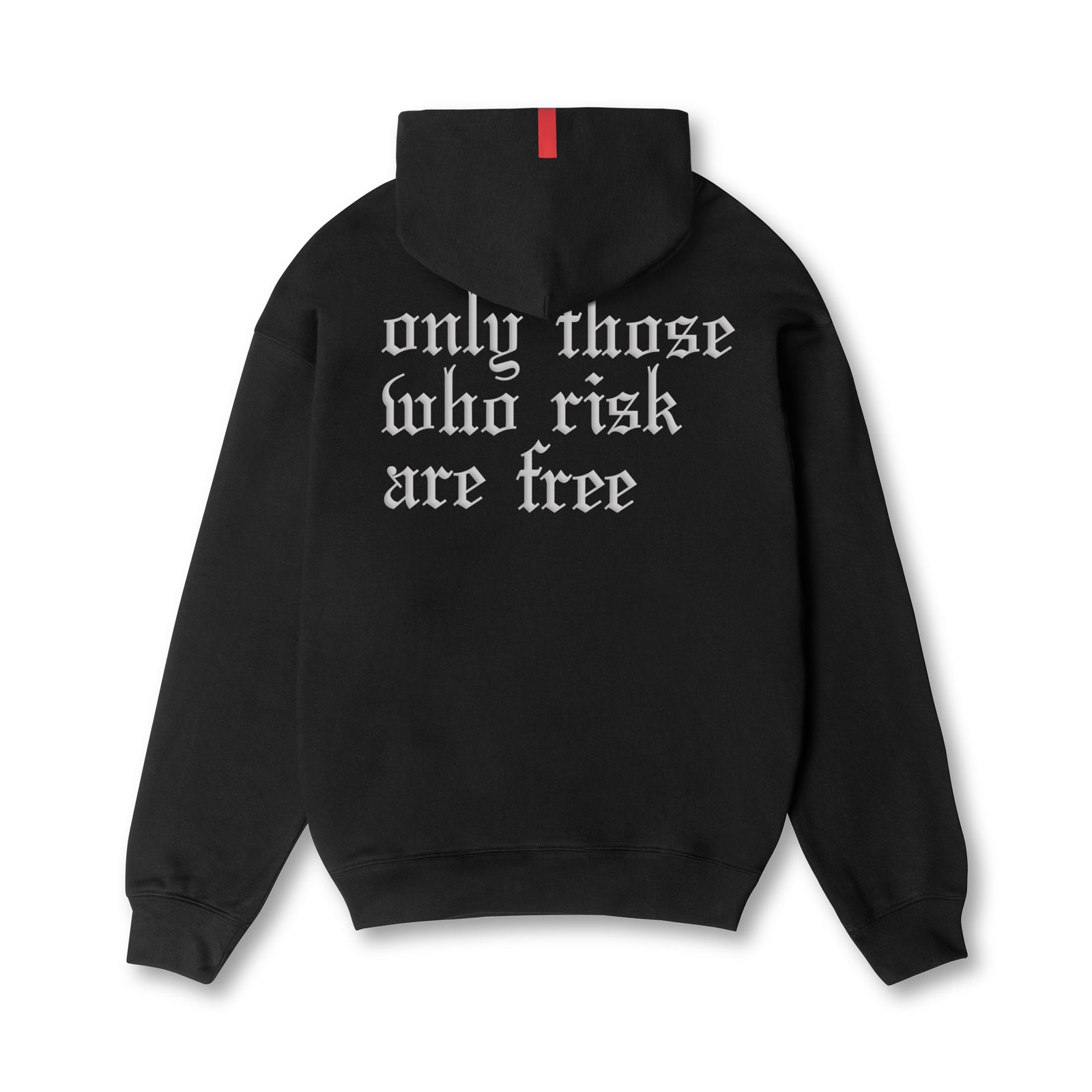 Flatlay Tech-Terry™ Zip Pocket Hoodie in black with white 'only those who risk are free' text, back view