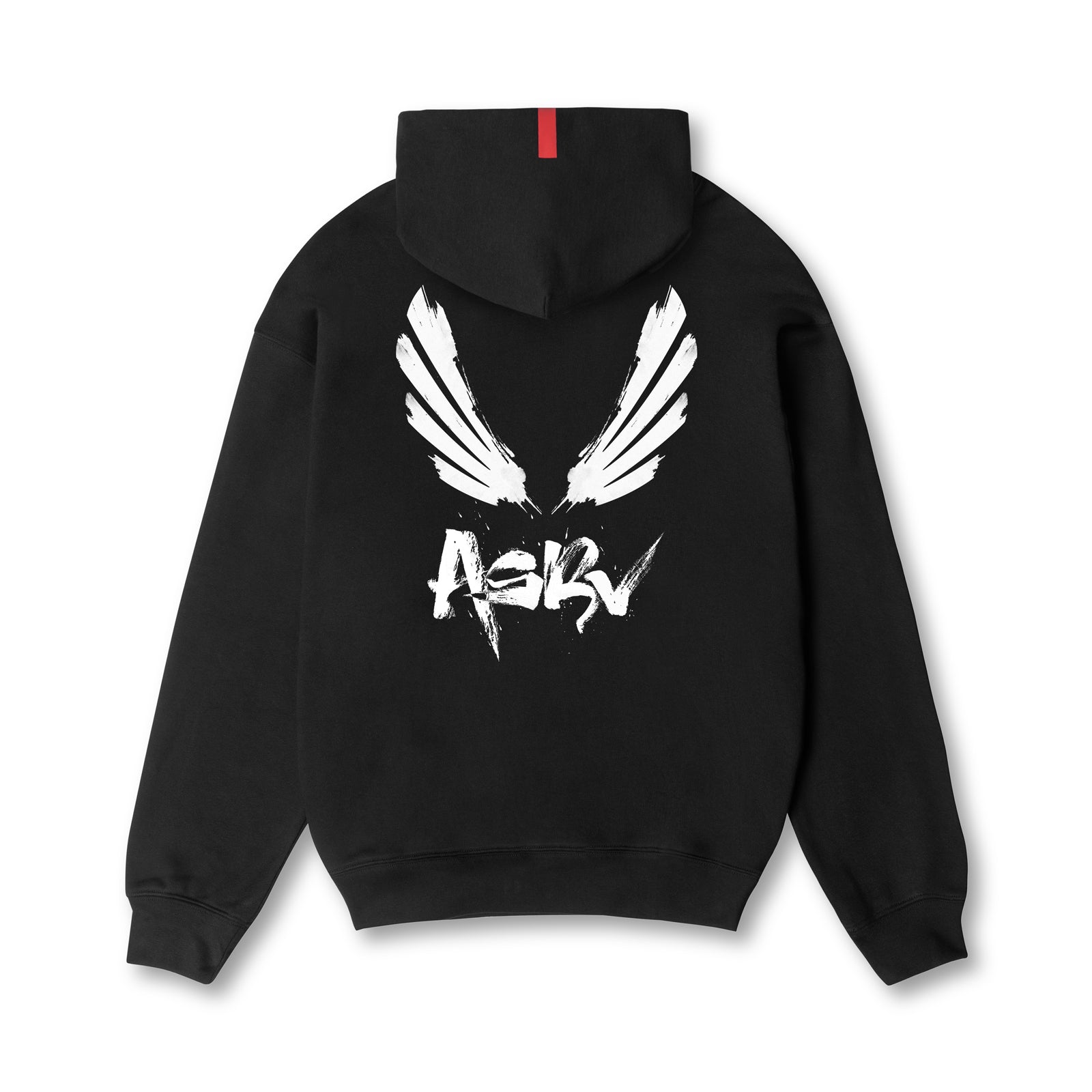 Flatlay Tech-Terry Zip Pocket Hoodie in black with white wings graphic, back view