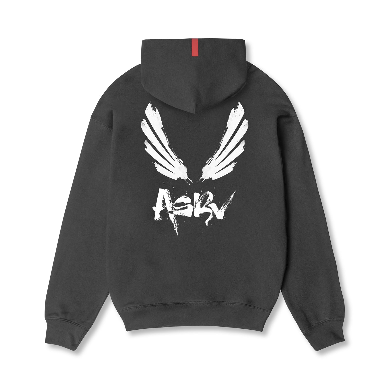 Flatlay Tech-Terry Zip Pocket Hoodie in space grey with white brush wings graphic, back view