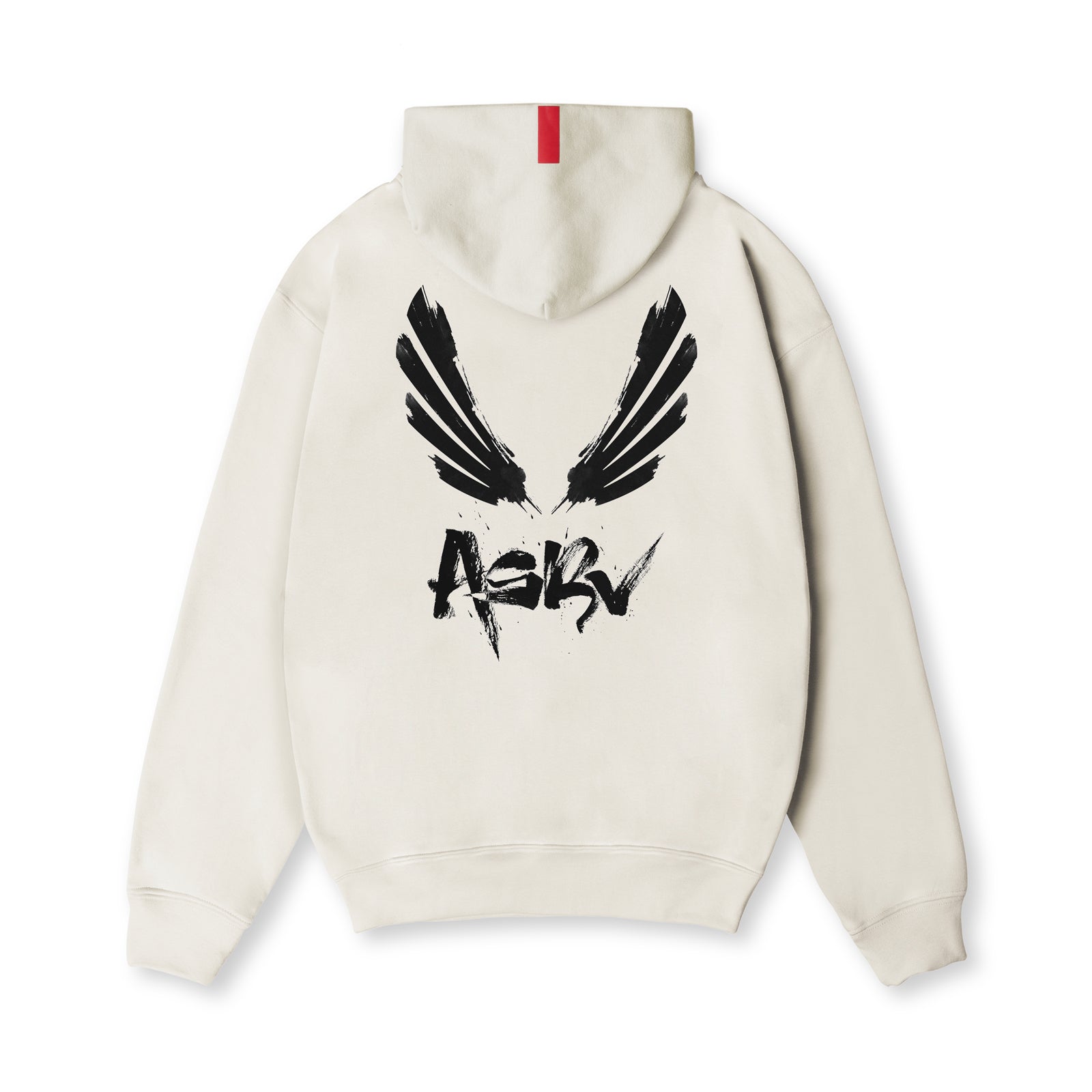 Flatlay ASRV Tech-Terry Zip Pocket Hoodie in stone with black brush wings logo, back view