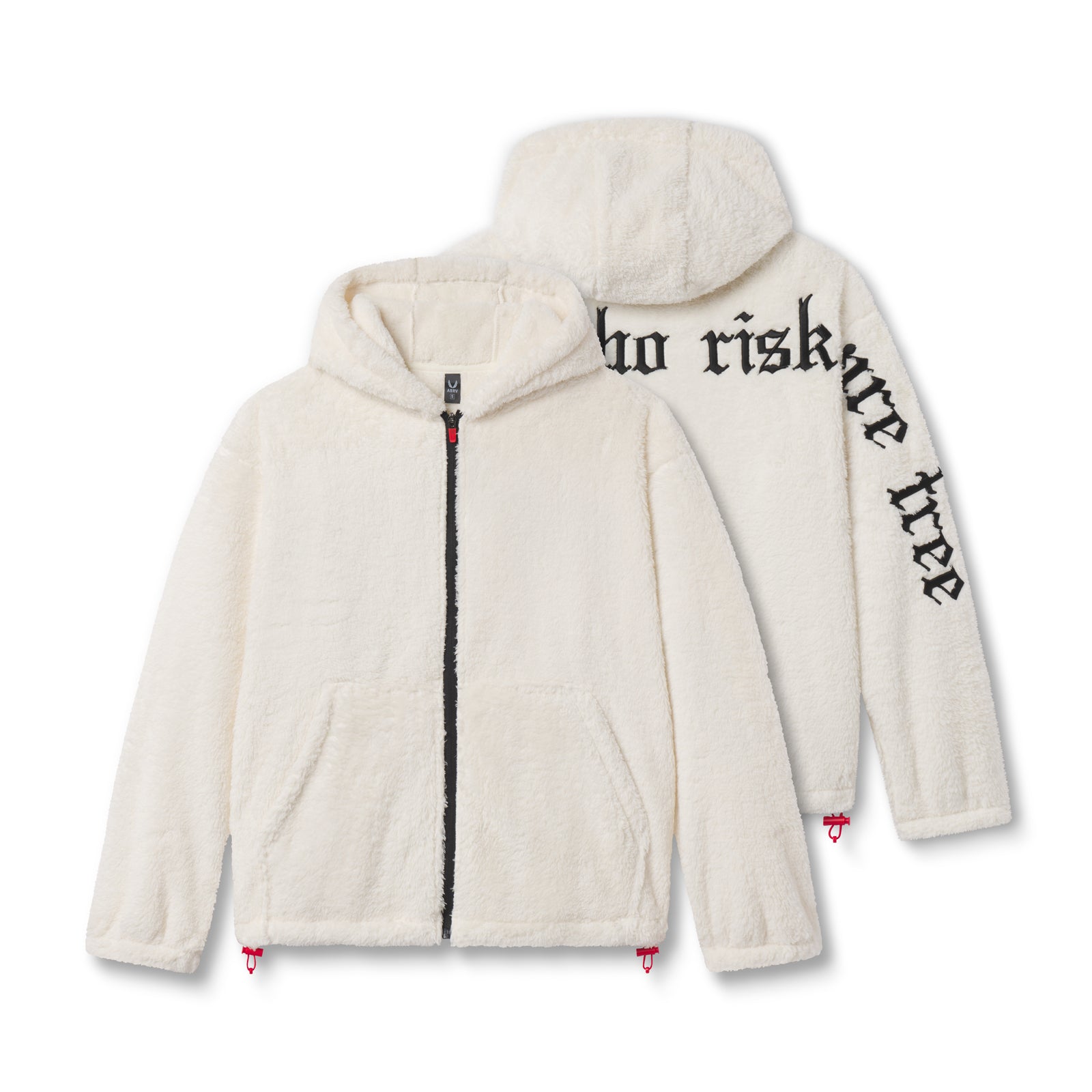 flatlay Sherpa Recovery Full Zip Hoodie in ivory cream with black text, front and back views