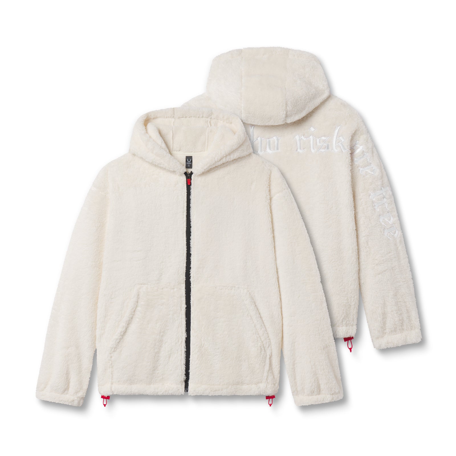 Flatlay of Sherpa Recovery Full Zip Hoodie in ivory cream, front and back views