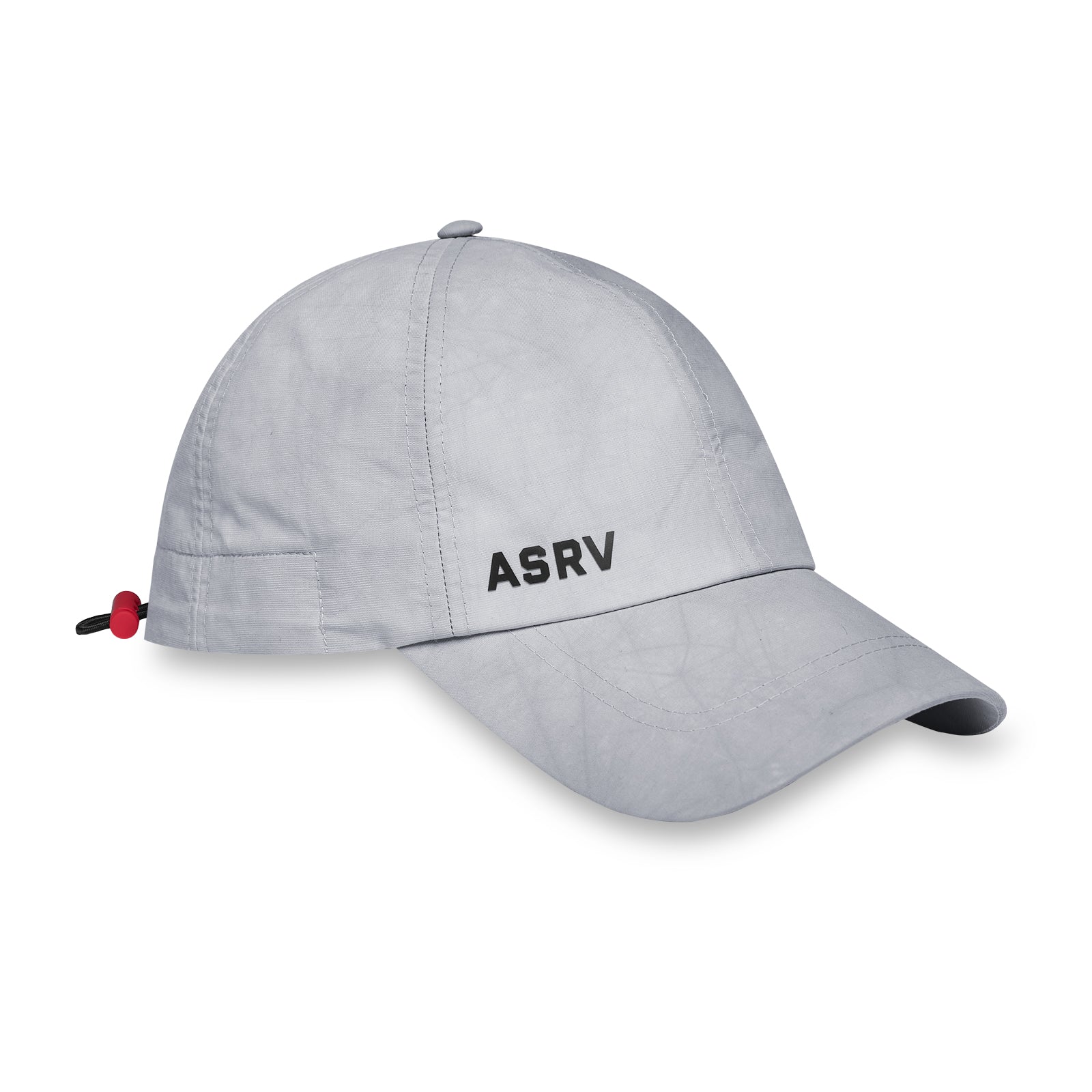flatlay Weather-Ready Cinch Hat in grey with ASRV logo, three-quarter view