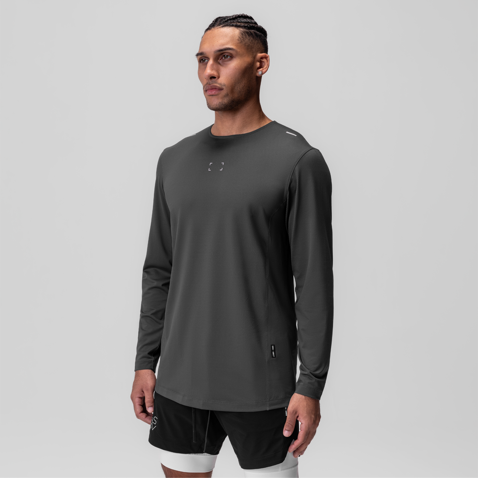 AeroSilver Training Long Sleeve in Space Grey worn by model, front view