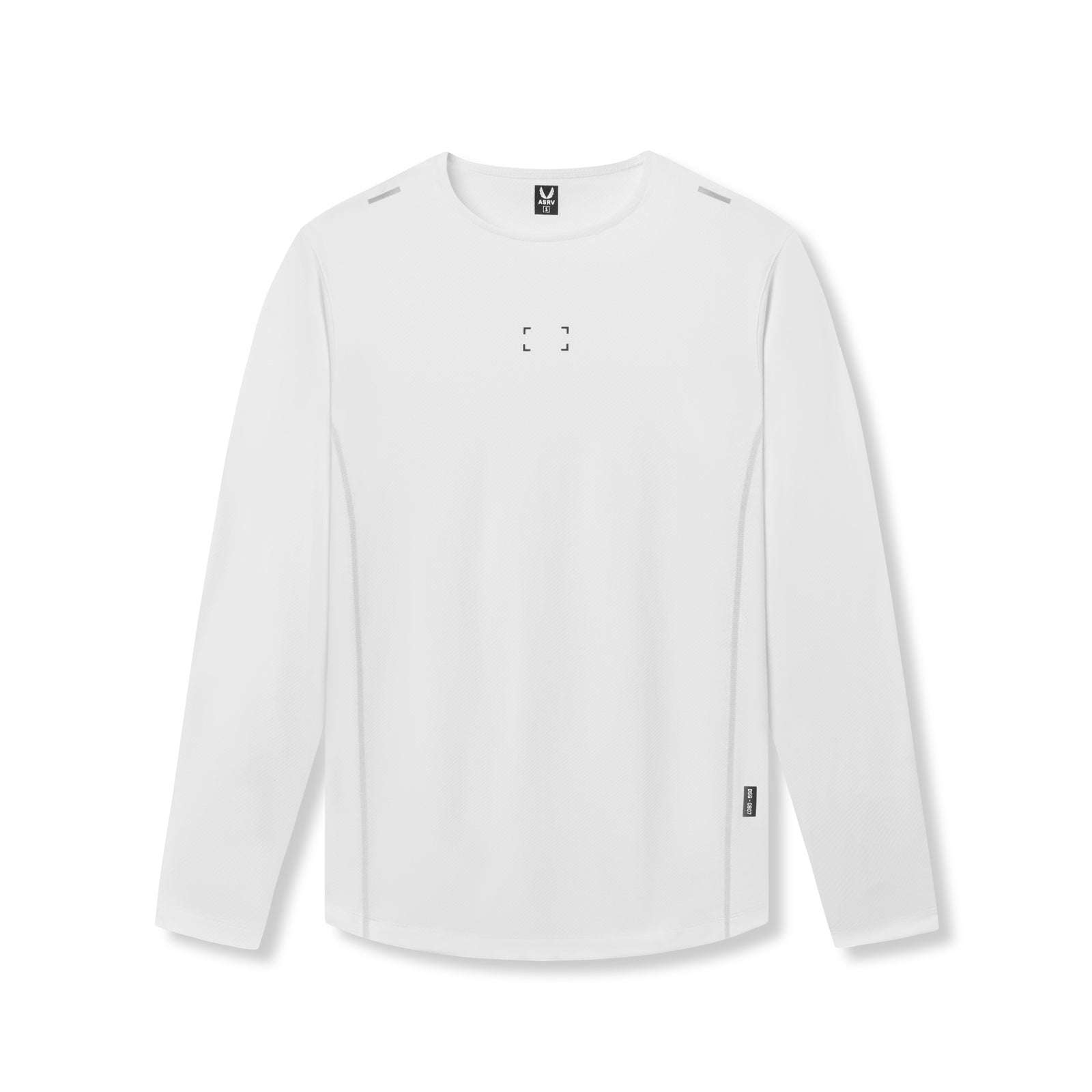 Flatlay of AeroSilver Training Long Sleeve in white with space bracket logo, front view