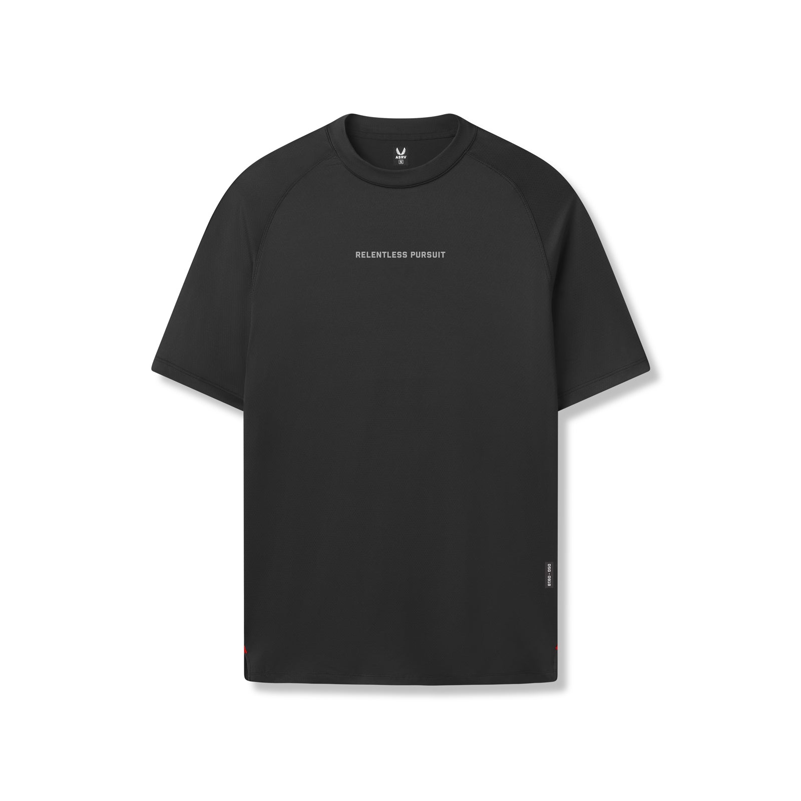 Flatlay of AeroSilver® Fitted Tee in black with 'RELENTLESS PURSUIT' text, front view