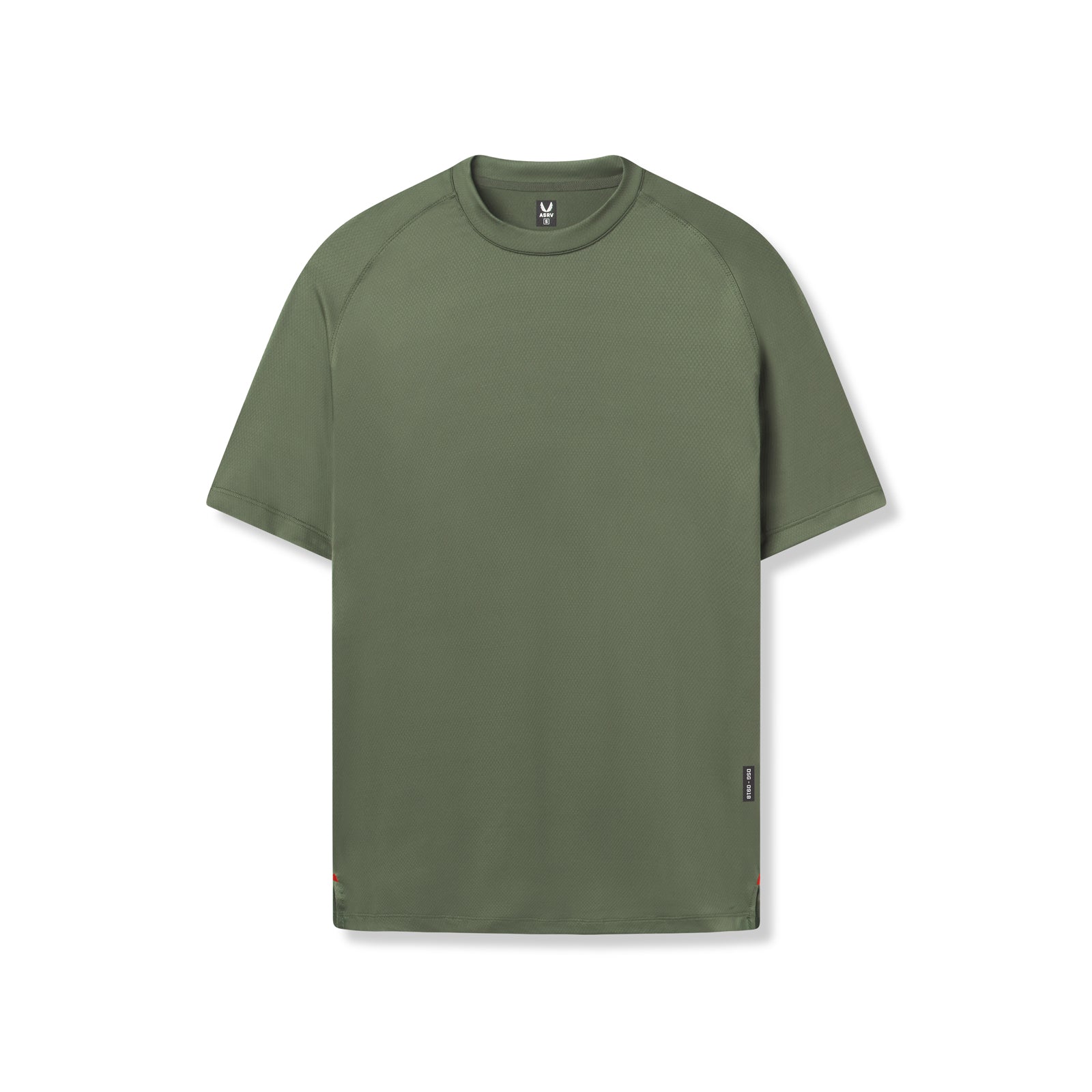 Flatlay of AeroSilver Fitted Tee in olive, front view on white background