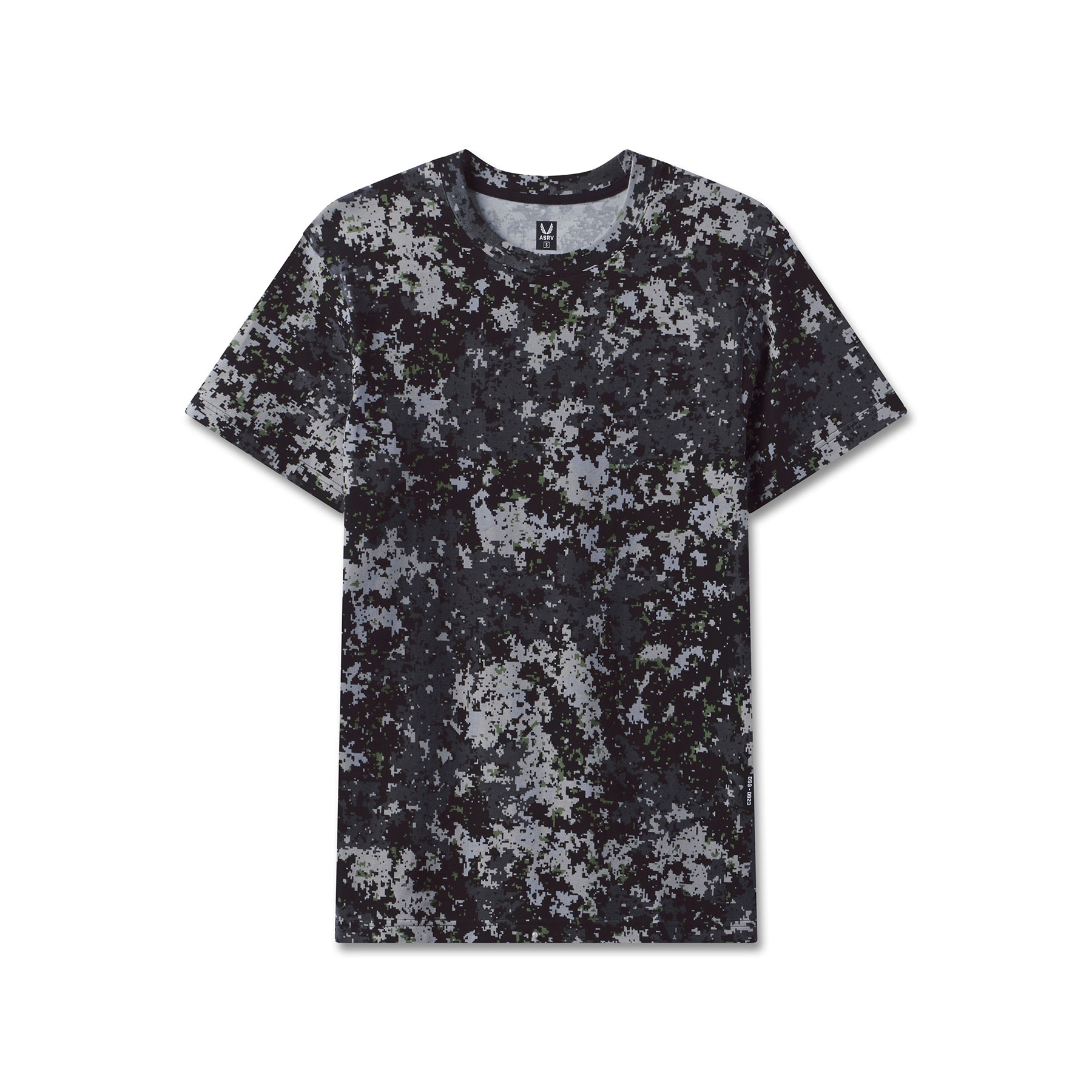 flatlay Supima Essential Tee in black with gray pixel camo print, front view