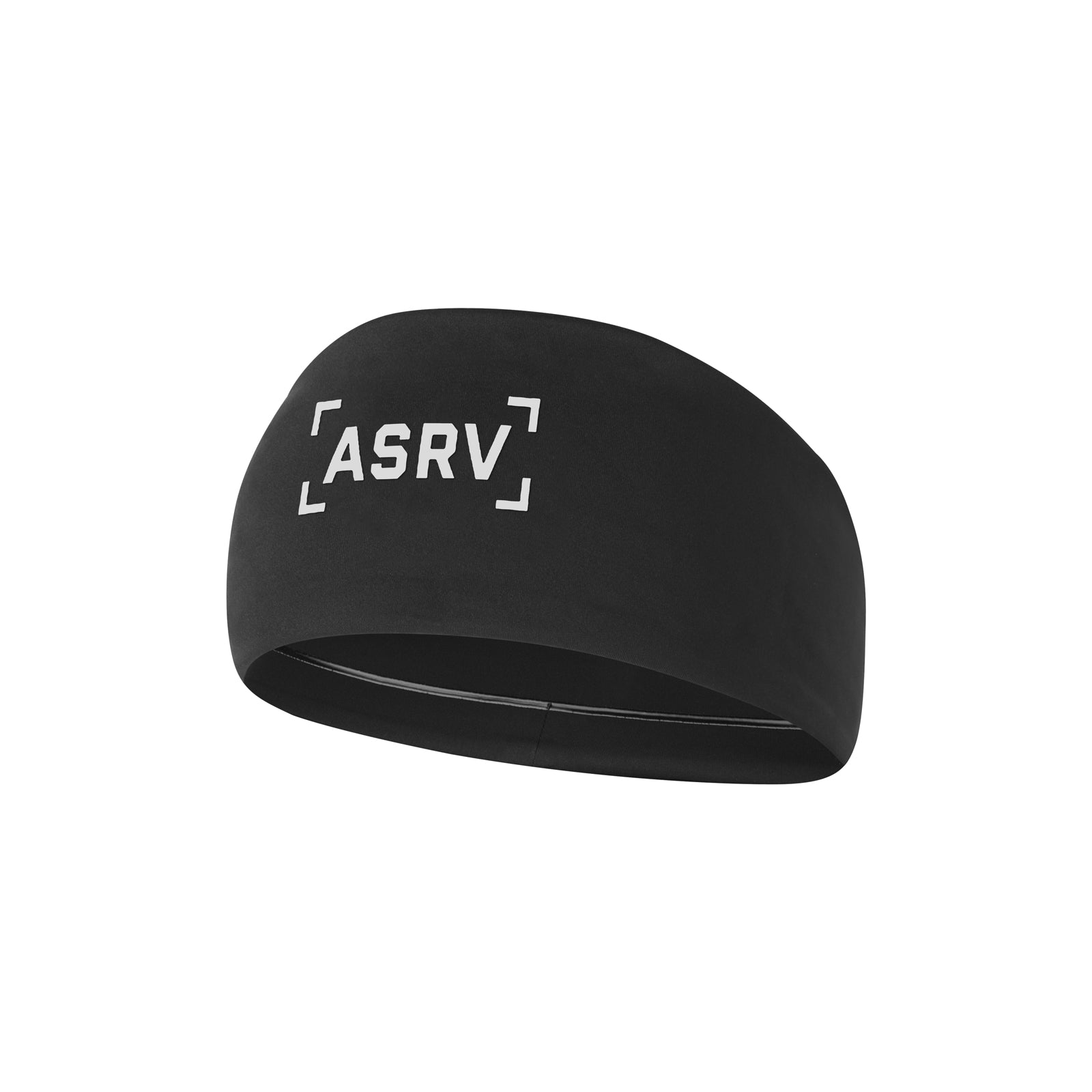 WarpFlexx® Headband in black with ASRV bracket logo, displayed on stand