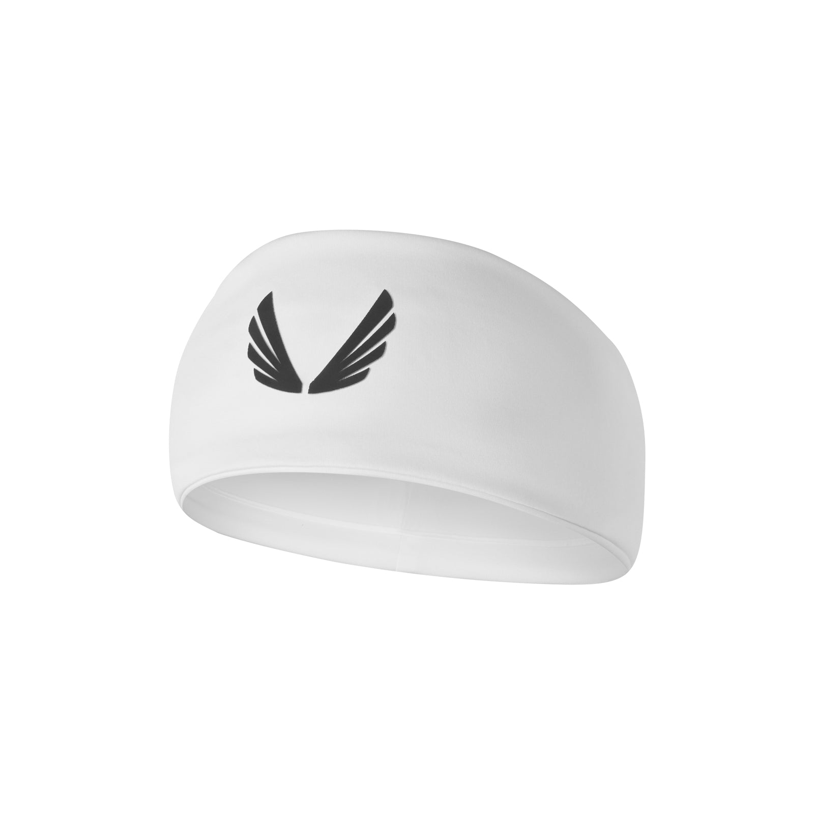 flatlay WarpFlexx Headband in white with black wings logo, front view