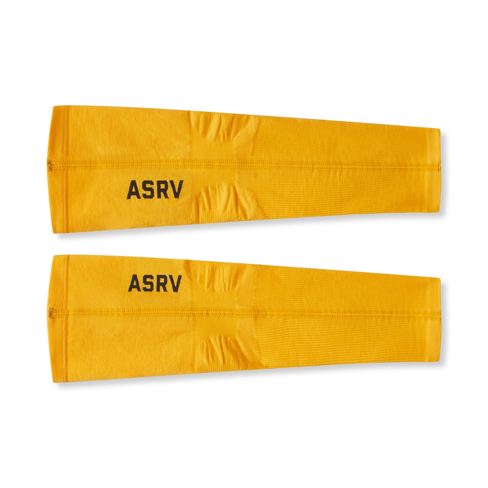flatlay of two ASRV body-mapped arm sleeves in amber yellow, front view