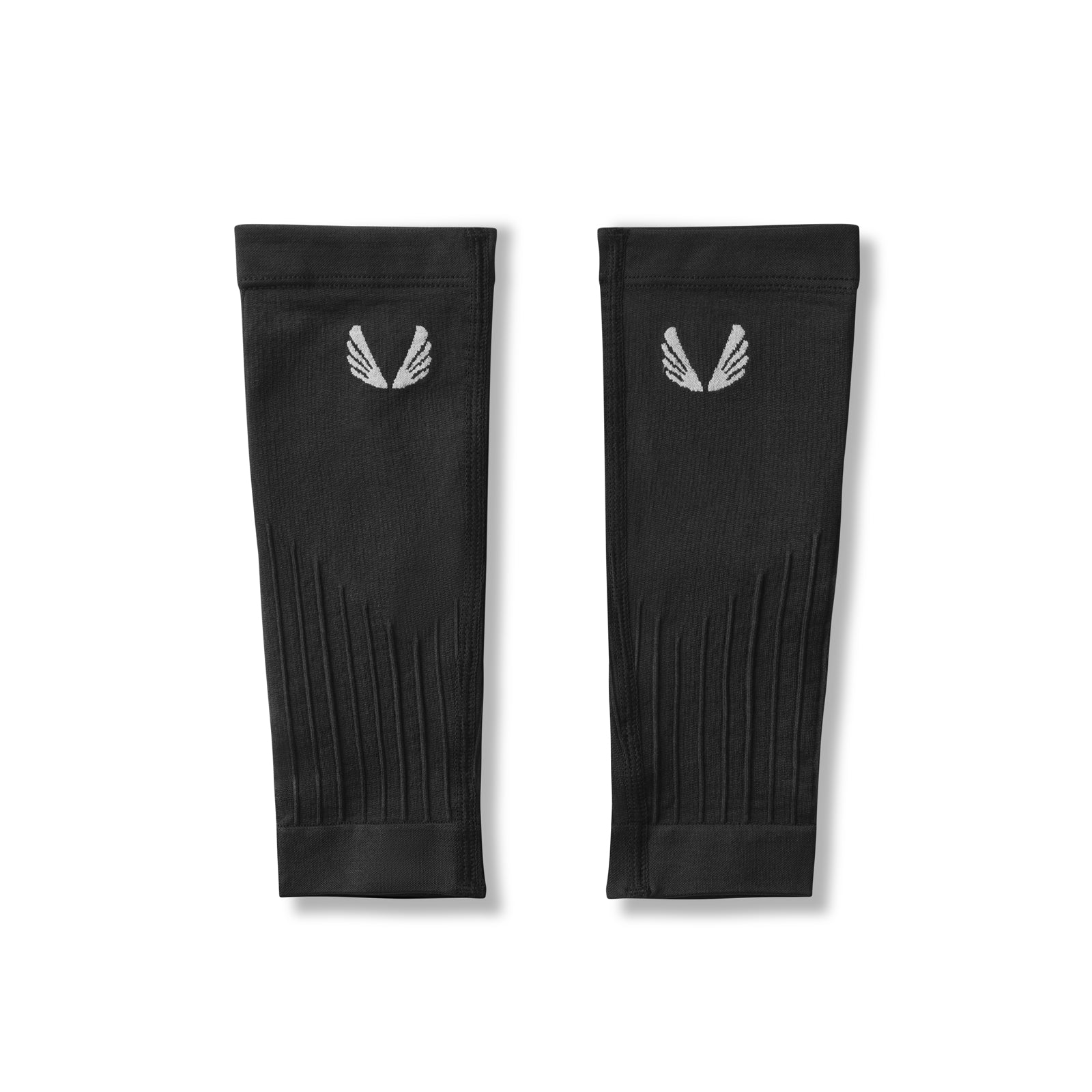 Flatlay of black body-mapped calf sleeves with white wing logo, frontal view