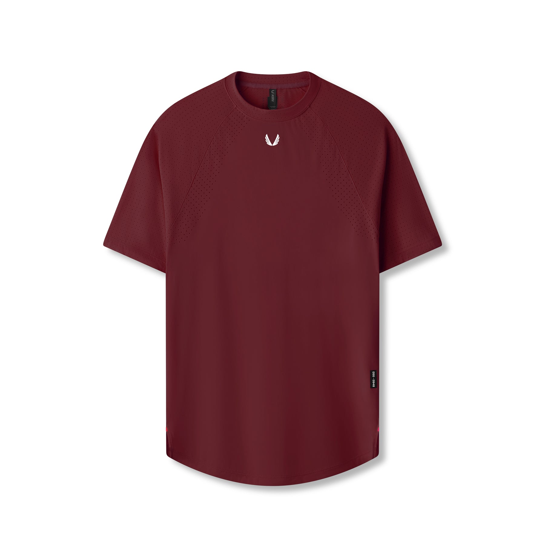 flatlay Laser-Vent™ Established Tee in crimson, front view on mannequin