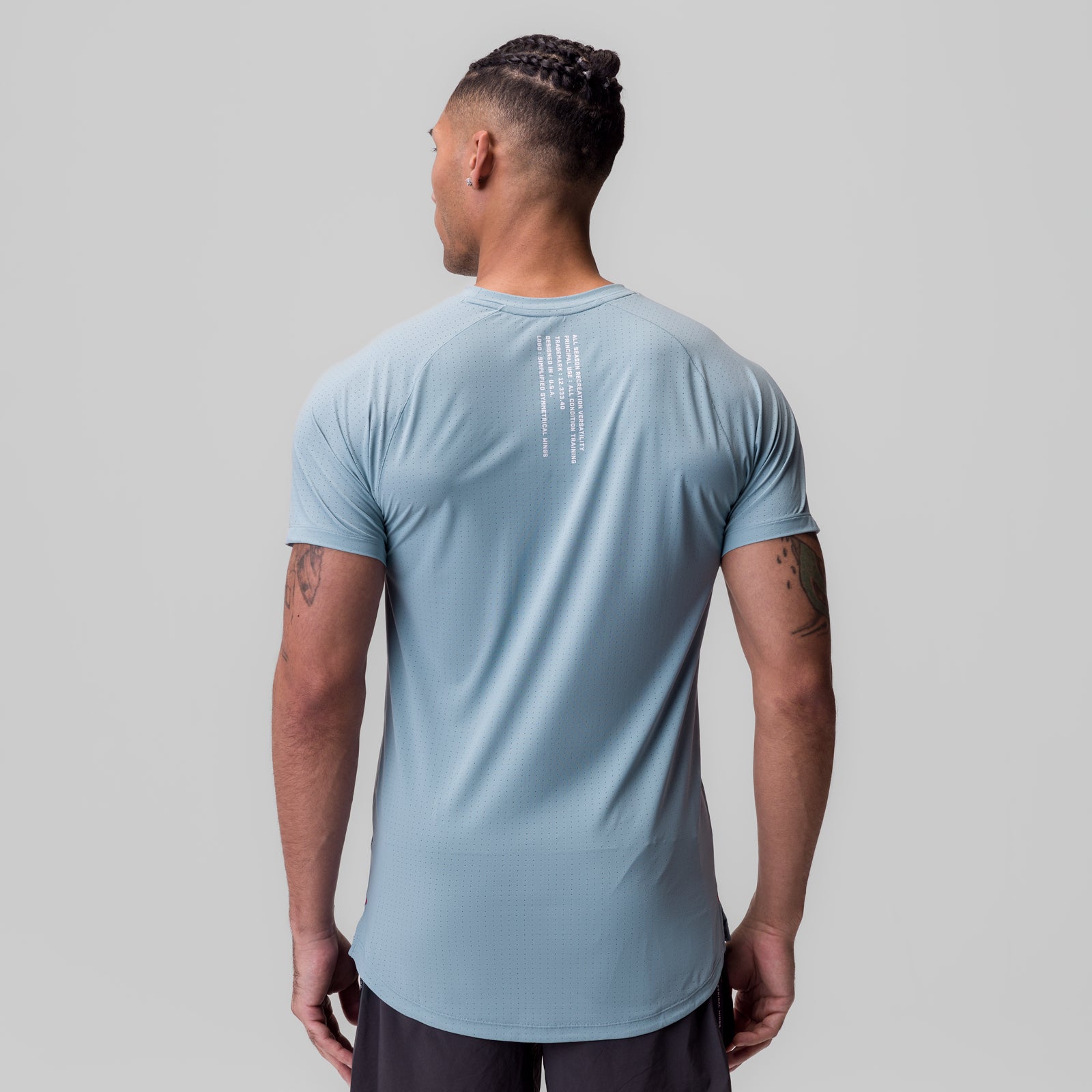 Laser-Vent Established Tee in light sky, back view on model