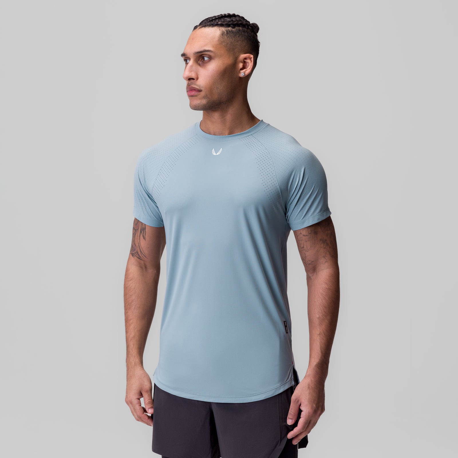 Laser-Vent Established Tee in light sky worn by model, front view