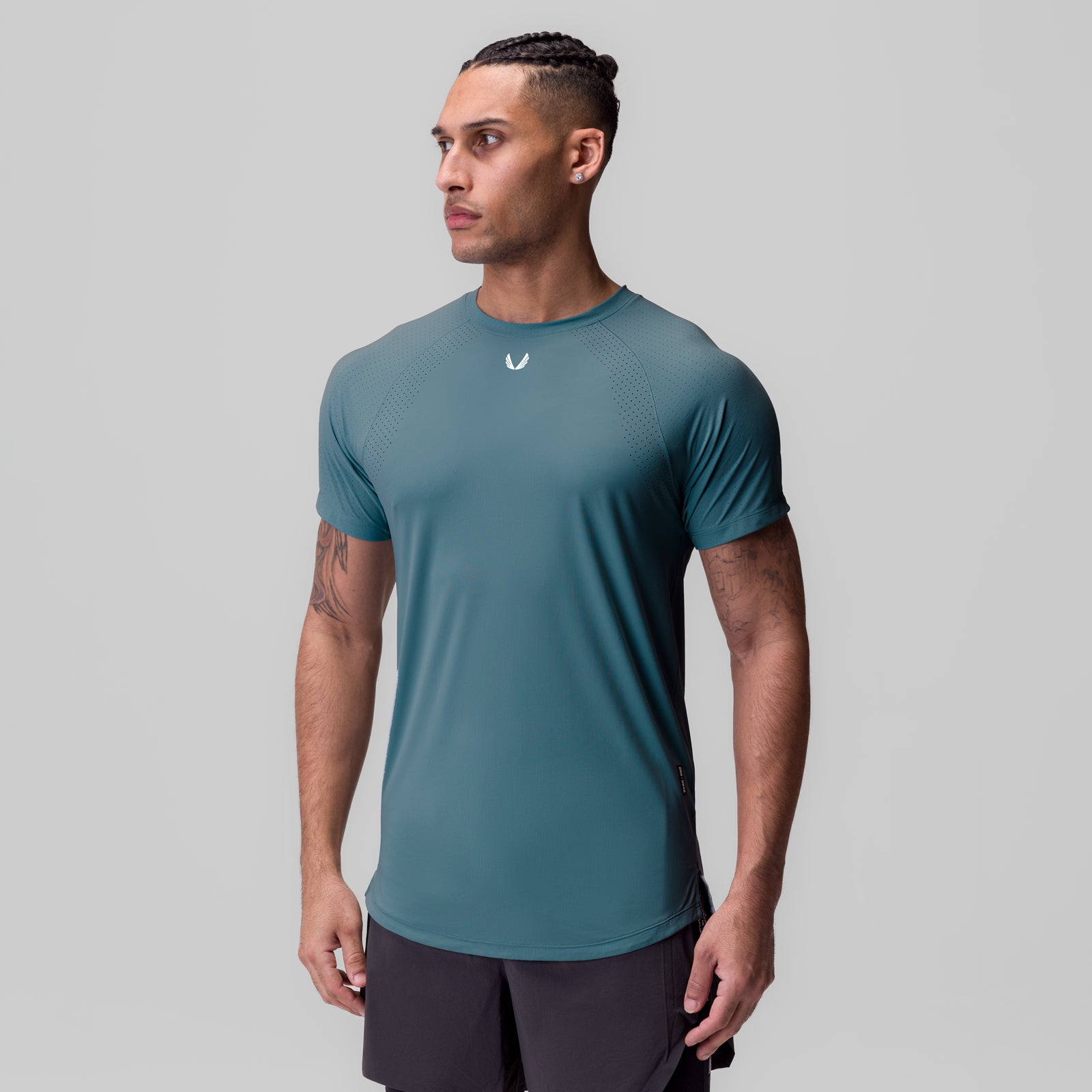 Laser-Vent Established Tee in storm blue, worn by model, front view