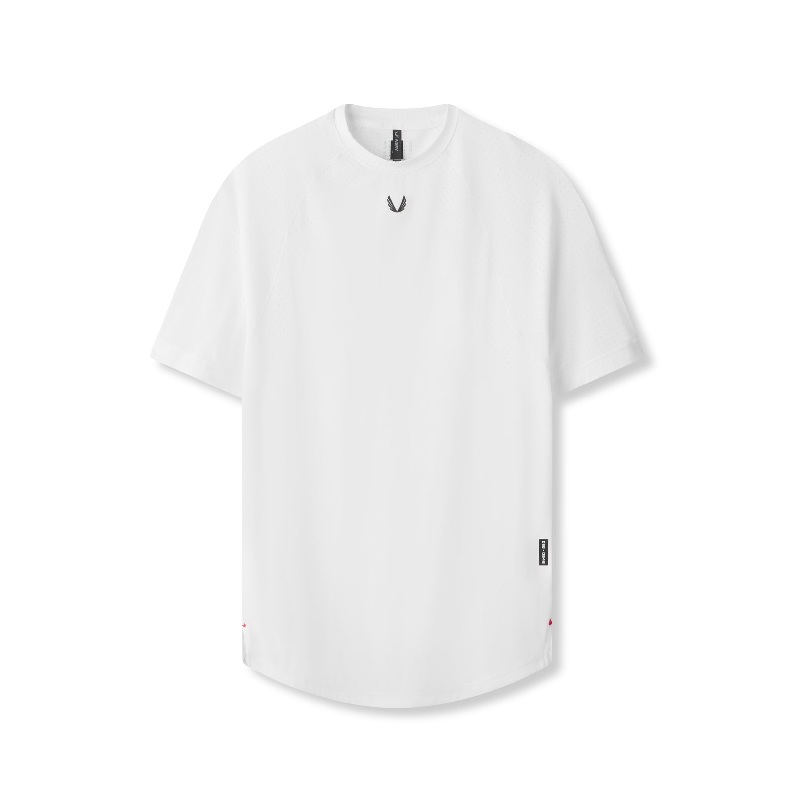 Flatlay of white Laser-Vent Established Tee with small logo details, front view