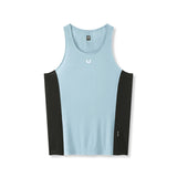 flatlay Laser-Vent Singlet Tank in light sky blue and black, front view