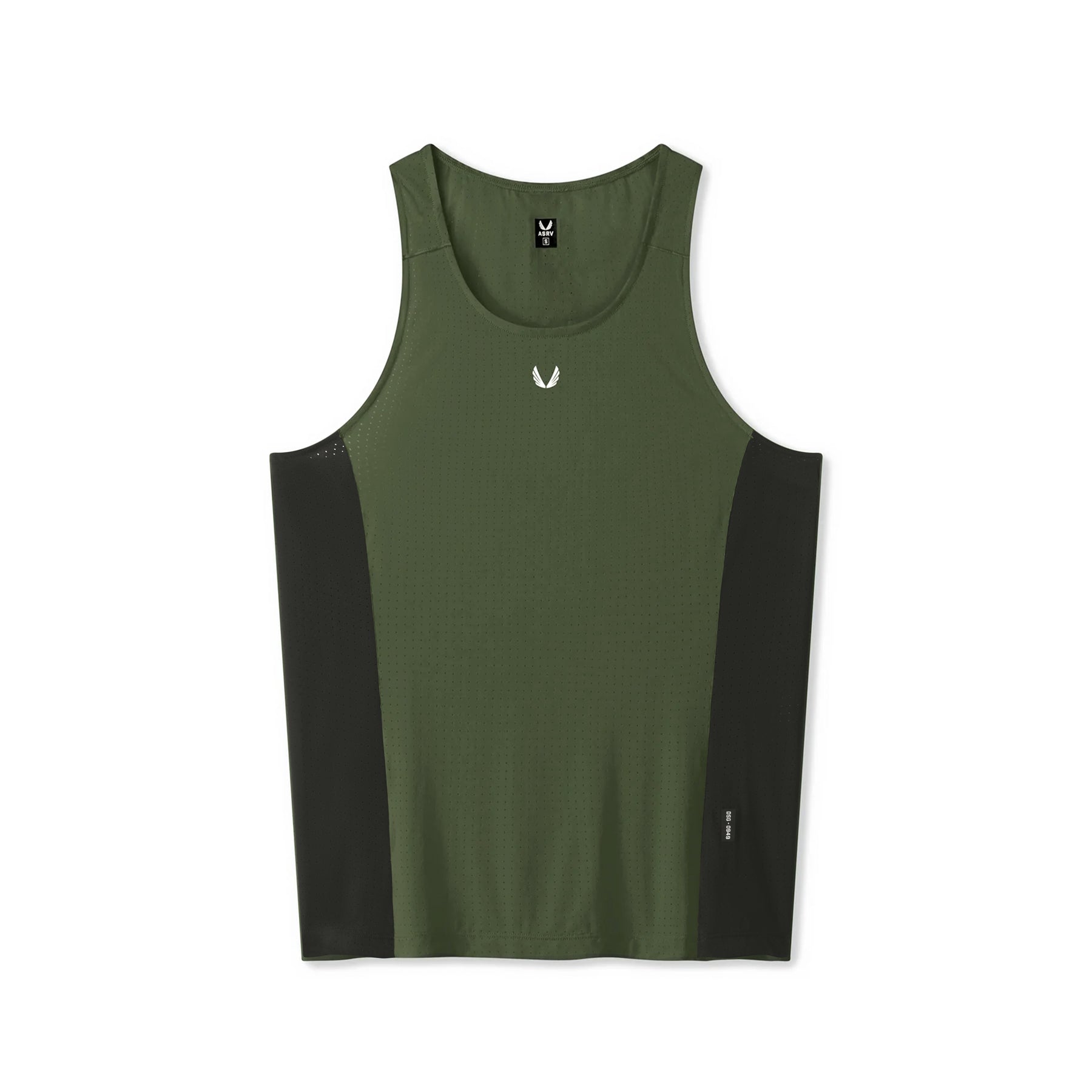 flatlay Laser-Vent Singlet Tank in olive and black, front view