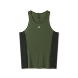 flatlay Laser-Vent Singlet Tank in olive and black, front view