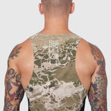 Laser-Vent Singlet Tank in sage camo, back view on tattooed model
