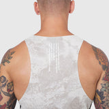 Laser-Vent Singlet Tank in light grey worn by tattooed model, back view